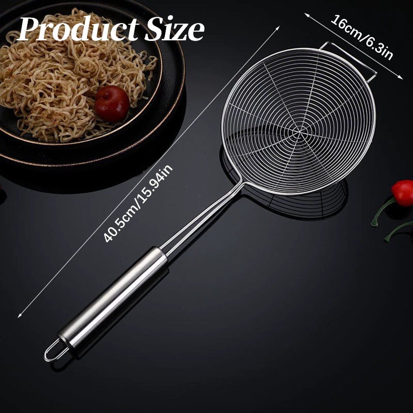 Strainer Spider Skimmers for Kitchen Cooking and Frying Food, Stainless Steel Slotted Spoon Pasta Strainers Tomato Food Strainer Skimmer Ladle For Pasta, 1 Pcs, 15.94x6.3 16.73" x 7.09" Silver