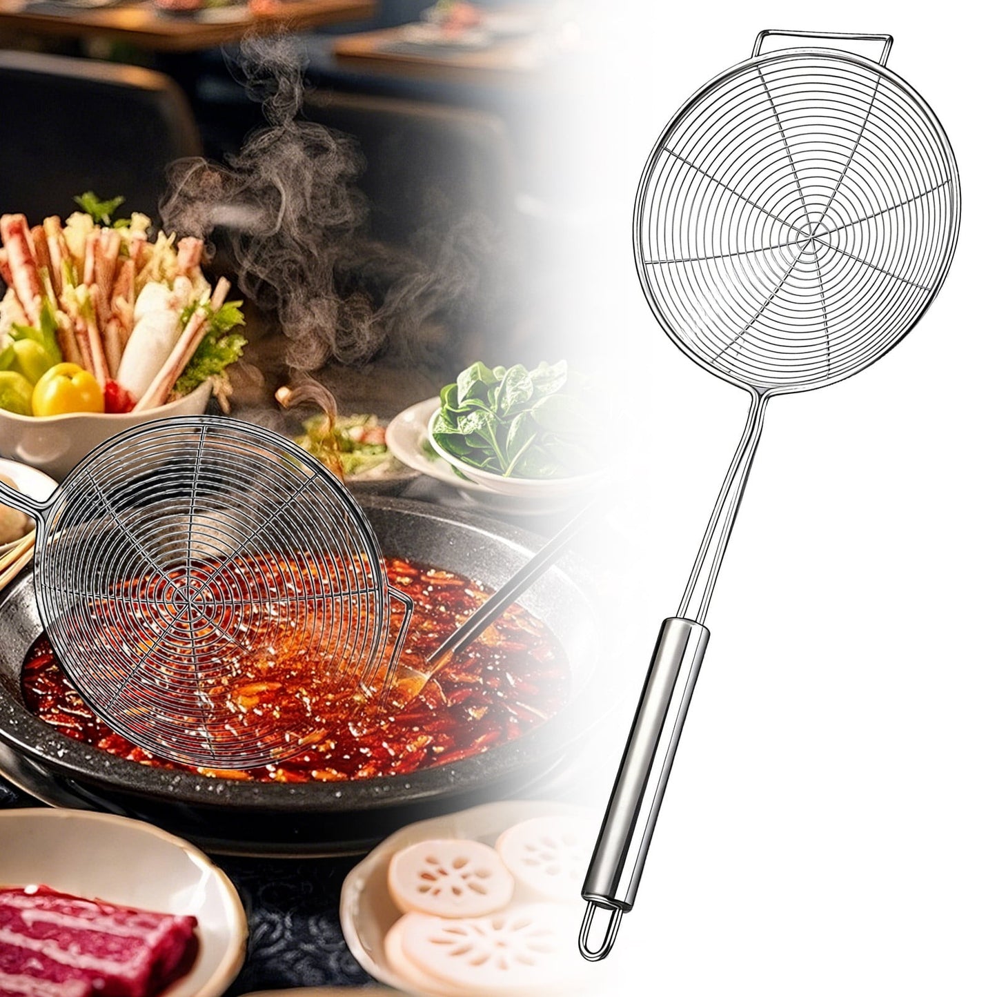 Strainer Spider Skimmers for Kitchen Cooking and Frying Food, Stainless Steel Slotted Spoon Pasta Strainers Tomato Food Strainer Skimmer Ladle For Pasta, 1 Pcs, 15.94x6.3 16.73" x 7.09" Silver