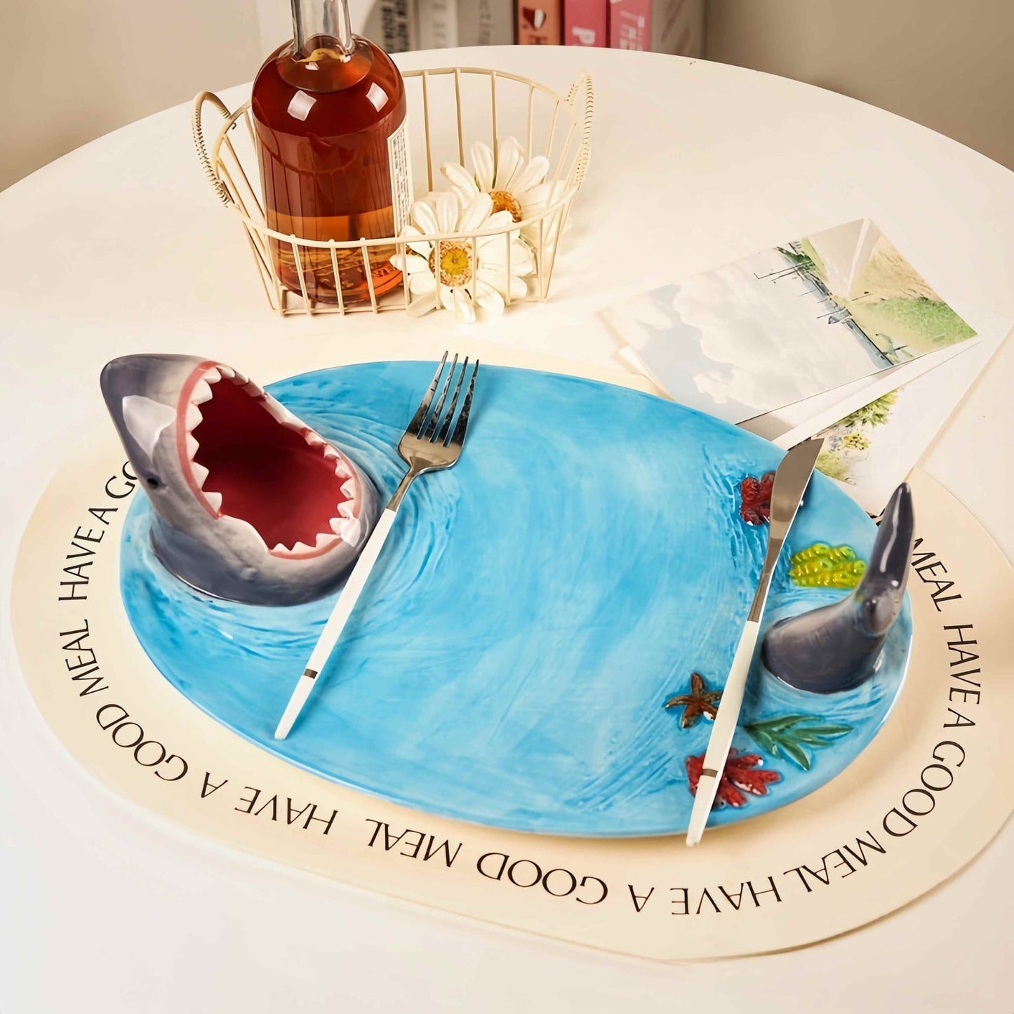 Creative Shark Sushi Plate,Blue Ceramic Shark Plate,Shark Shaped Serving Platter,Food Serving Tray with Dipping Sauce Bowl,Gifts for Shark Party Lovers,Microwave/Oven/Dishwasher Safe Sushi Dishes A