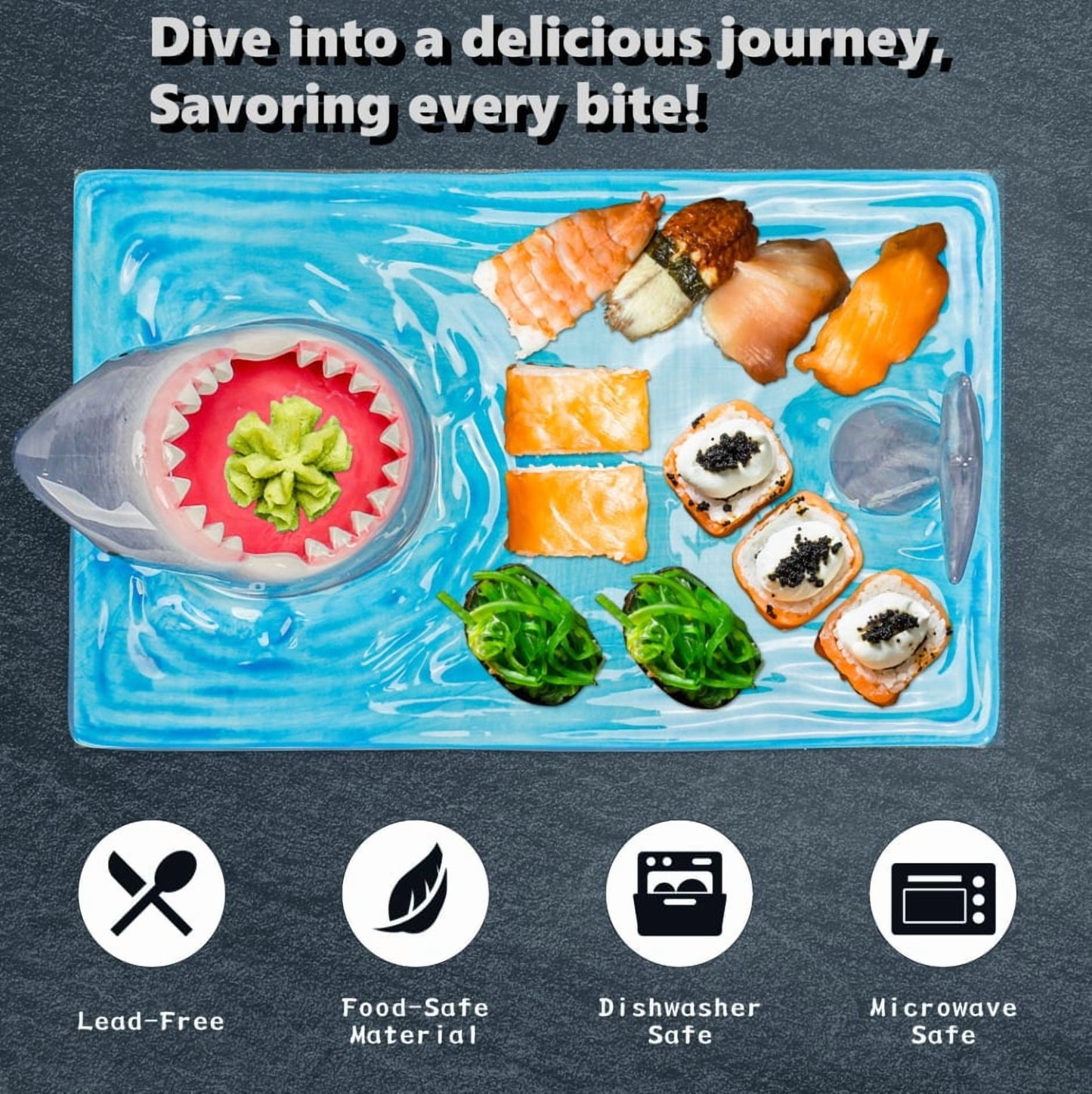 Creative Shark Sushi Plate,Blue Ceramic Shark Plate,Shark Shaped Serving Platter,Food Serving Tray with Dipping Sauce Bowl,Gifts for Shark Party Lovers,Microwave/Oven/Dishwasher Safe Sushi Dishes B