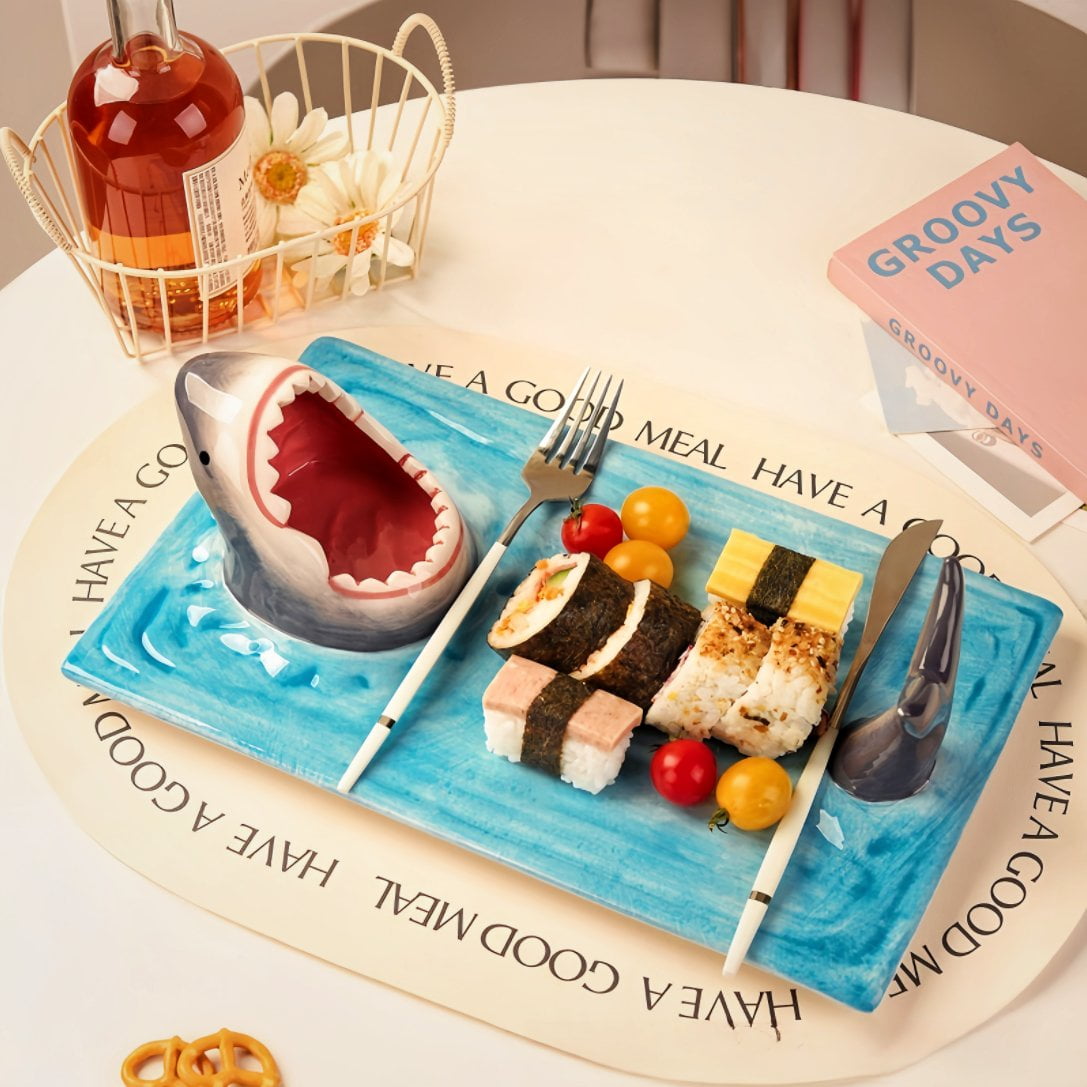 Creative Shark Sushi Plate,Blue Ceramic Shark Plate,Shark Shaped Serving Platter,Food Serving Tray with Dipping Sauce Bowl,Gifts for Shark Party Lovers,Microwave/Oven/Dishwasher Safe Sushi Dishes C
