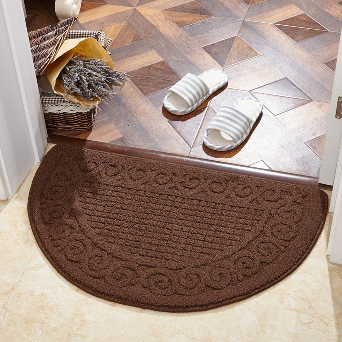 Entrance Semicircular Floor Mat,Non-Slip Outdoor and Indoor Carpet with Moisture-Proof Backing,Durable Polyester Fabric for Safety and Warmth,Ideal for Doorways,Bathrooms,and Home Entryways Coffee