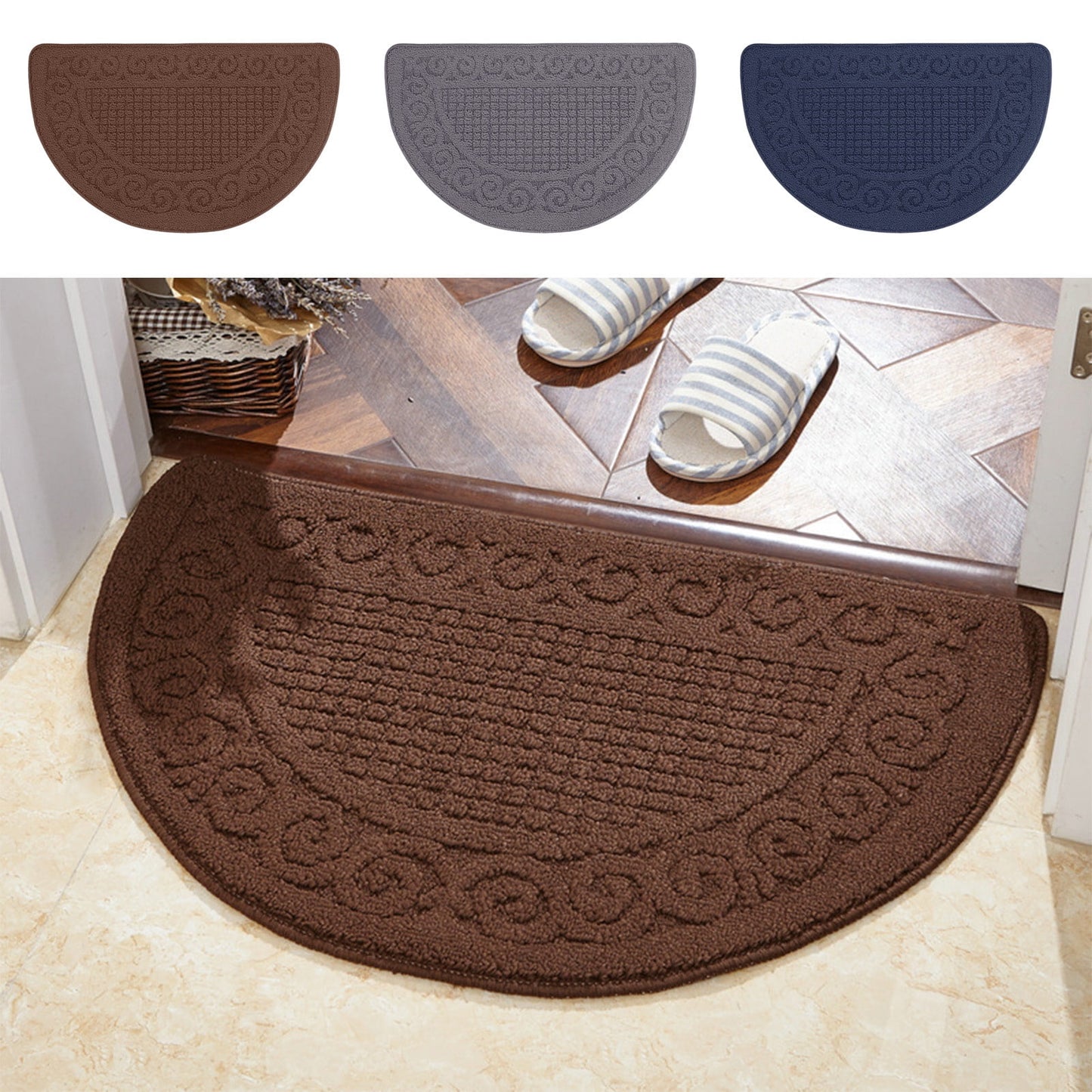 Entrance Semicircular Floor Mat,Non-Slip Outdoor and Indoor Carpet with Moisture-Proof Backing,Durable Polyester Fabric for Safety and Warmth,Ideal for Doorways,Bathrooms,and Home Entryways Gray