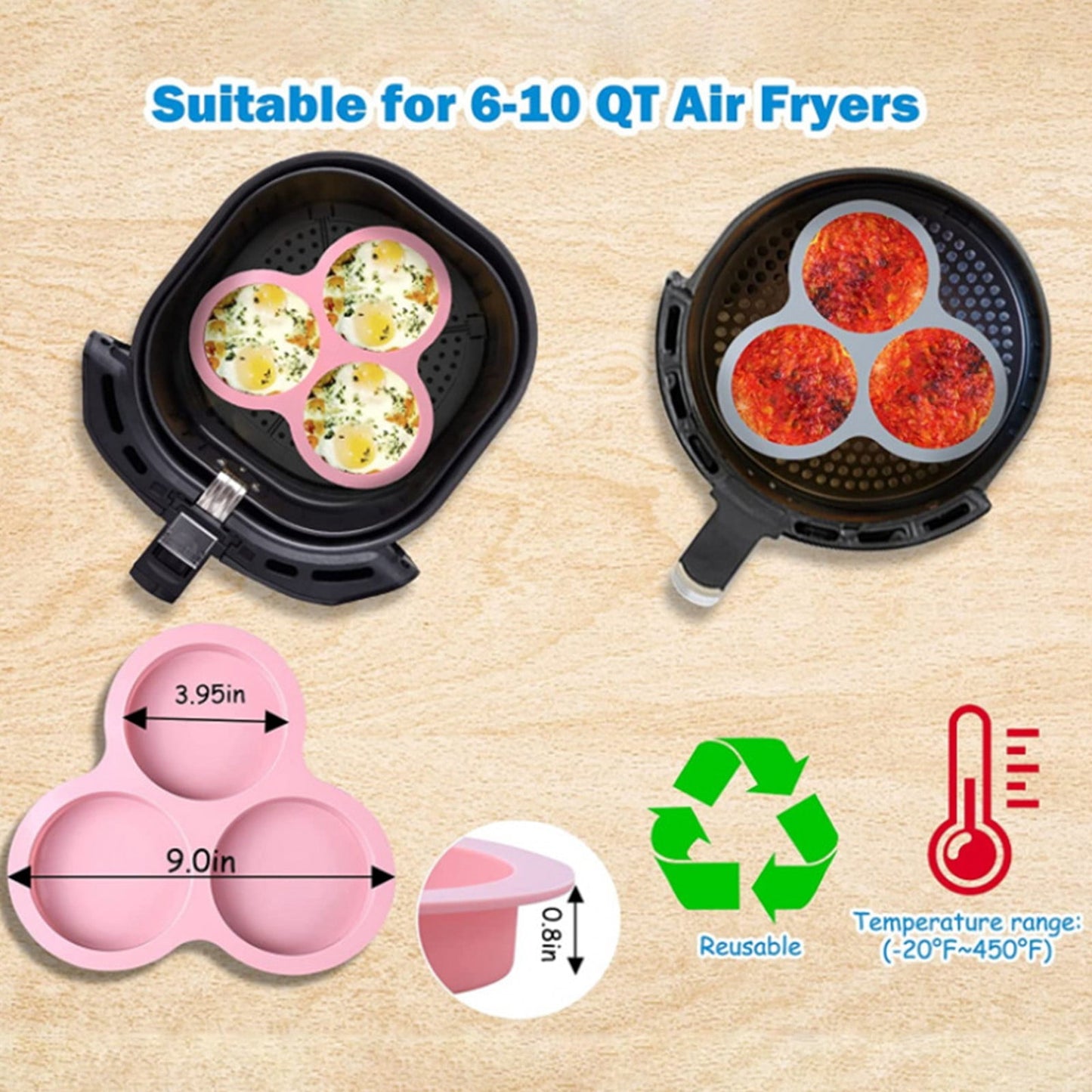 1 Pcs Silicone Egg Cups for Air Fryer,3-Cavity Cupcake Baking Tray,Round Silicone Baking Tools,Round Silicone Ramekins,for Sandwiches,Non-Stick Tray for Baking Accessories,(Dark Gray,9.06x8.46 in) Red