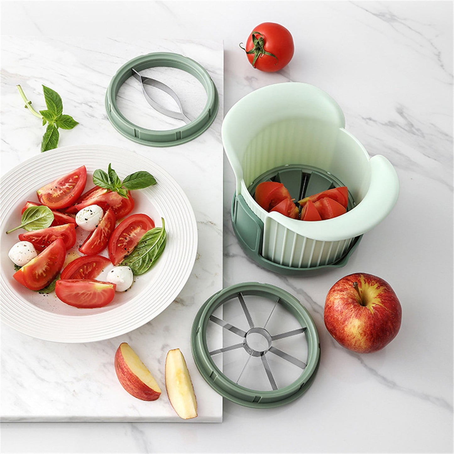 Apple Slicer, Heavy Duty Apple Corer and Slicer with Comfort Handles, 8-Slice Large Apple Slicer, with 1 Pcs Tomato & Fruit Cutting Blades, 1 Set Multisize Silver2