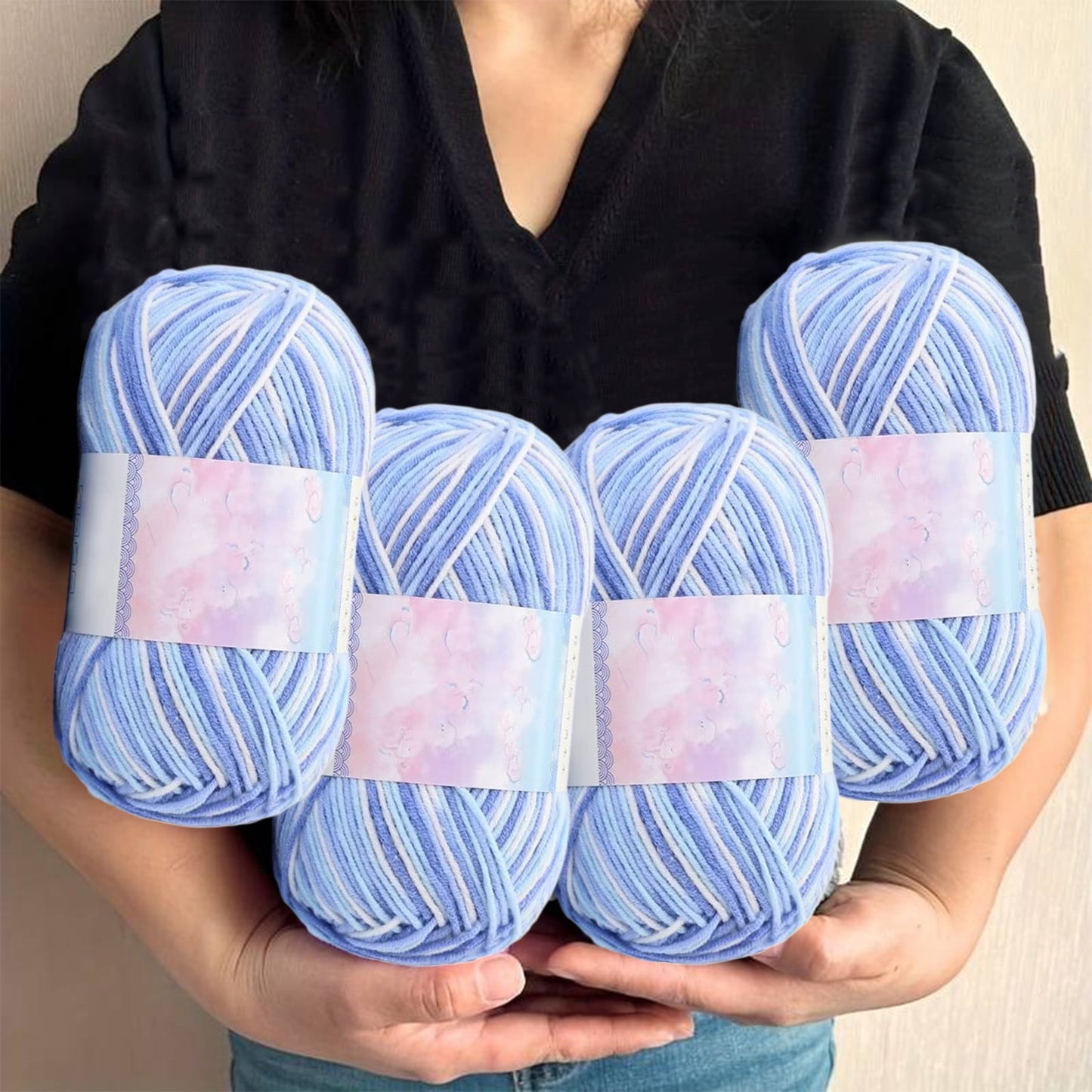 Milk Cotton Tie-Dye Yarn for Knitting and Crochet,130m Multicolor Gradient Wool,Soft and Durable for Blankets and Crafts,Versatile Use for DIY Projects and Creative Knitting Blue