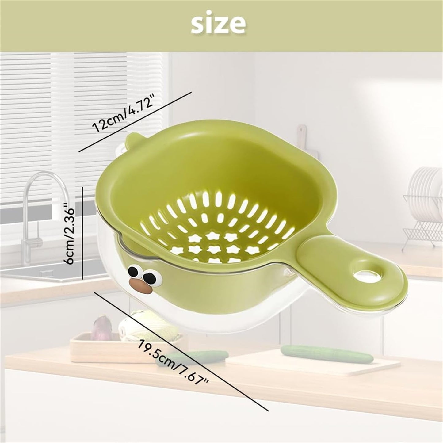Small Fruit Colander, Fruit Rinser Strainer Container Dual-Layer Vegetable Cutting And Draining Basket, Watermelon Bowl With Strainer For Mini Berry And Tomato Grape Washer, 1 Pcs, 7.67x4.72 7.67" x 4.72" Green
