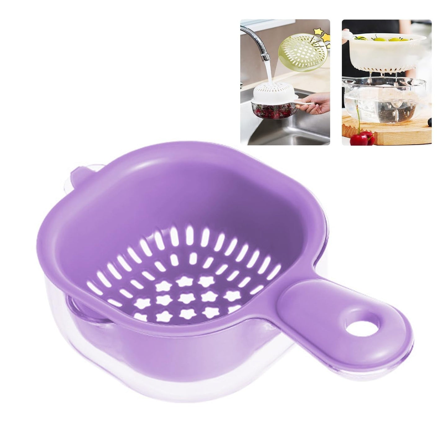Small Fruit Colander, Fruit Rinser Strainer Container Dual-Layer Vegetable Cutting And Draining Basket, Watermelon Bowl With Strainer For Mini Berry And Tomato Grape Washer, 1 Pcs, 7.67x4.72 7.67" x 4.72" Green