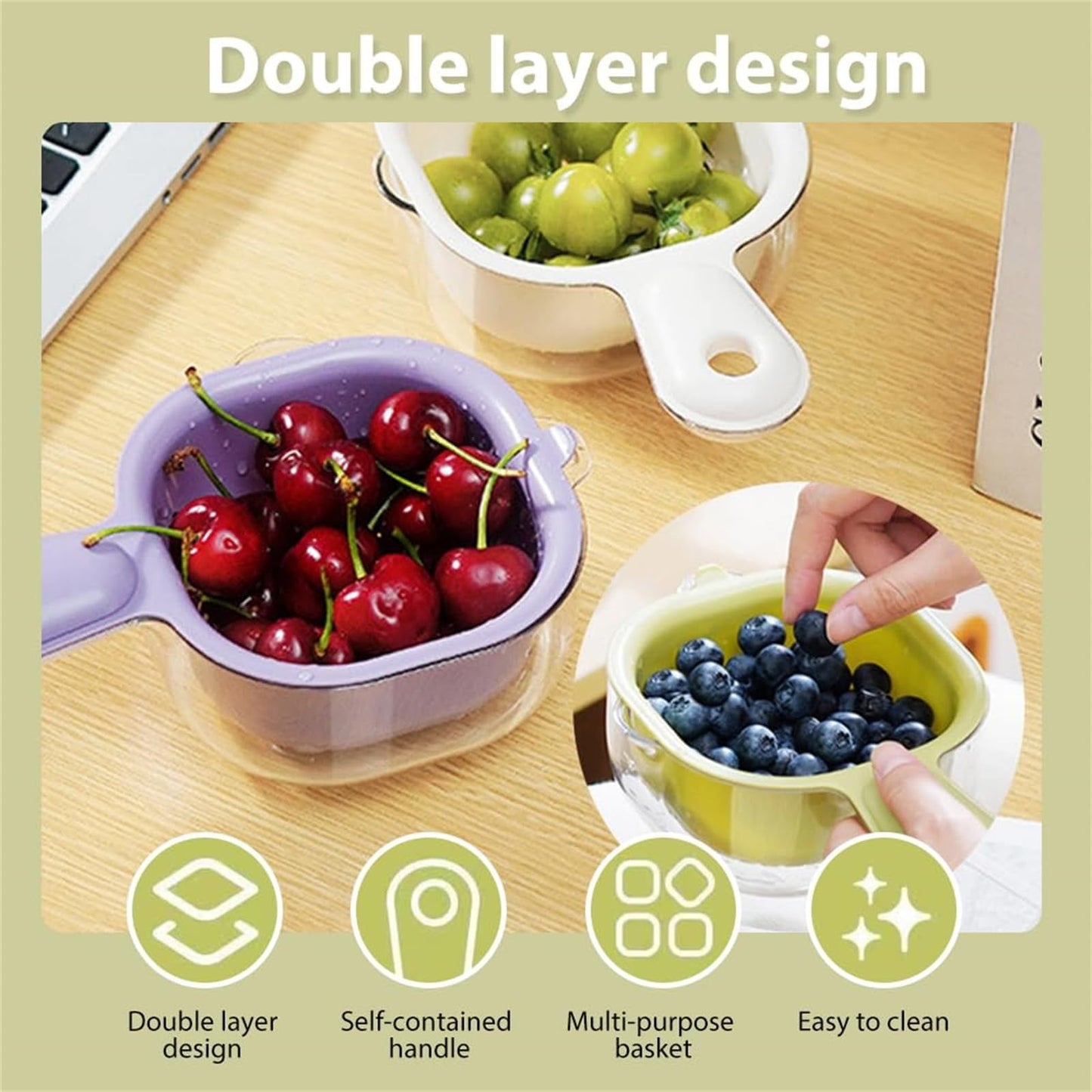 Small Fruit Colander, Fruit Rinser Strainer Container Dual-Layer Vegetable Cutting And Draining Basket, Watermelon Bowl With Strainer For Mini Berry And Tomato Grape Washer, 1 Pcs, 7.67x4.72 7.67" x 4.72" Green