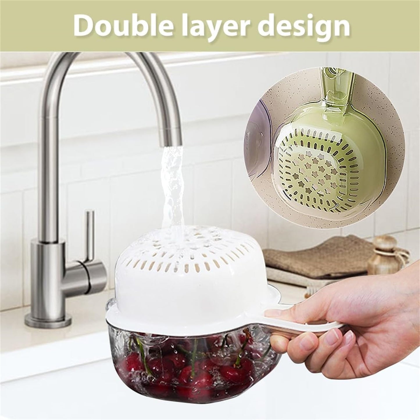 Small Fruit Colander, Fruit Rinser Strainer Container Dual-Layer Vegetable Cutting And Draining Basket, Watermelon Bowl With Strainer For Mini Berry And Tomato Grape Washer, 1 Pcs, 7.67x4.72 7.67" x 4.72" Purple