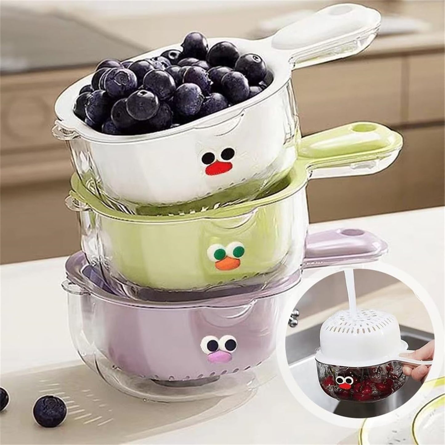 Small Fruit Colander, Fruit Rinser Strainer Container Dual-Layer Vegetable Cutting And Draining Basket, Watermelon Bowl With Strainer For Mini Berry And Tomato Grape Washer, 1 Pcs, 7.67x4.72 7.67" x 4.72" Purple