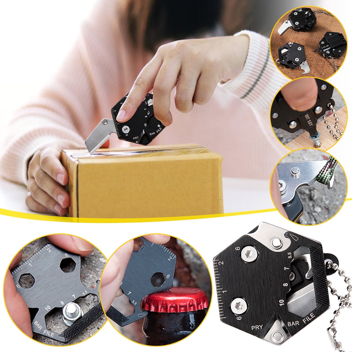 CCMAOLU Hexagonal Multitool Keychain,Portable Pocket Tool with Folding Cutter,Screwdriver Set,Bottle Opener for Outdoor Hiking,Camping,Emergency Seat Belt Cutter,Small Fashion Keychain Tool
