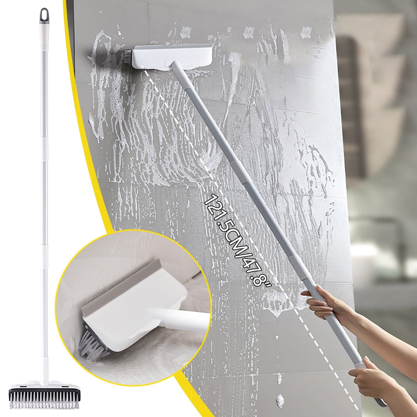 CCMAOLU Floor Scrub Brush with Long Handle,2 in 1 Stiff Bristle Brush & Squeegee Broom for Floor,Bathroom,Tile,Wall Cleaning Tool,Push Scrubber for Shower,Deck,Garage B