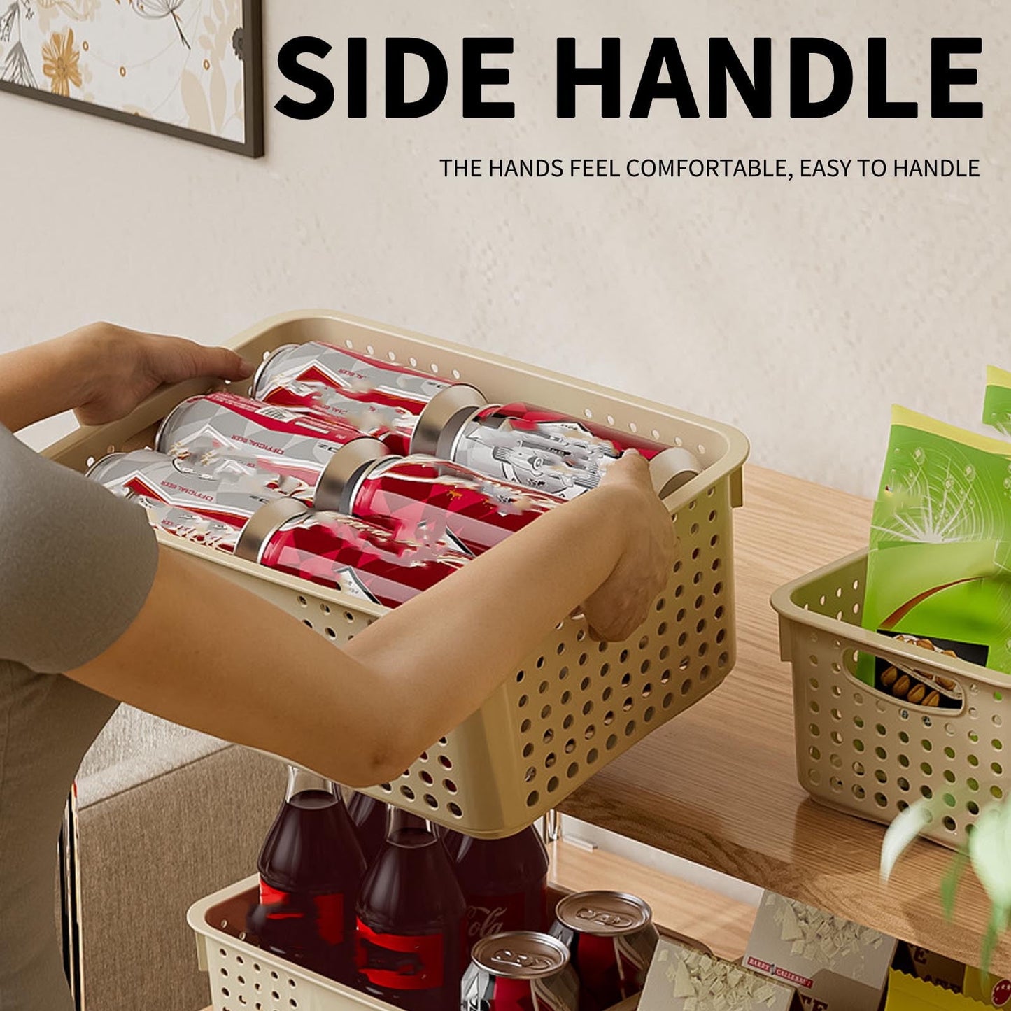 Large Plastic Storage Basket for Home Organization, Tabletop Snack Bin or Vegetable Container, Handled Open Crate for Kitchen or Bathroom, Space-Saving Versatile Decluttering Solution A