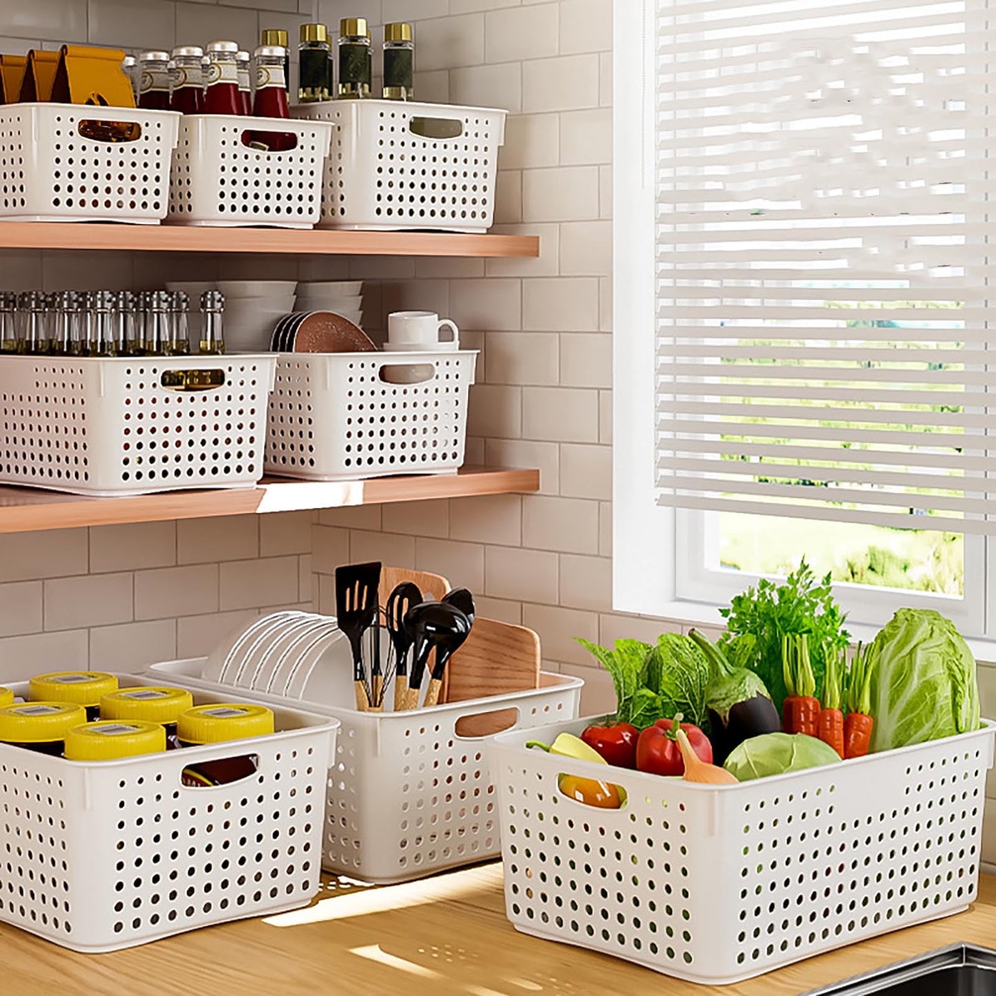 Large Plastic Storage Basket for Home Organization, Tabletop Snack Bin or Vegetable Container, Handled Open Crate for Kitchen or Bathroom, Space-Saving Versatile Decluttering Solution C