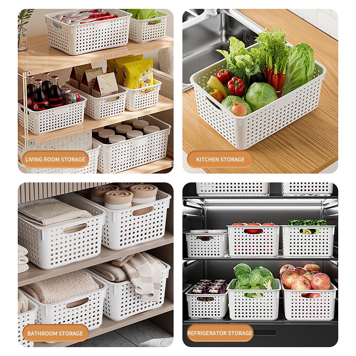 Large Plastic Storage Basket for Home Organization, Tabletop Snack Bin or Vegetable Container, Handled Open Crate for Kitchen or Bathroom, Space-Saving Versatile Decluttering Solution C