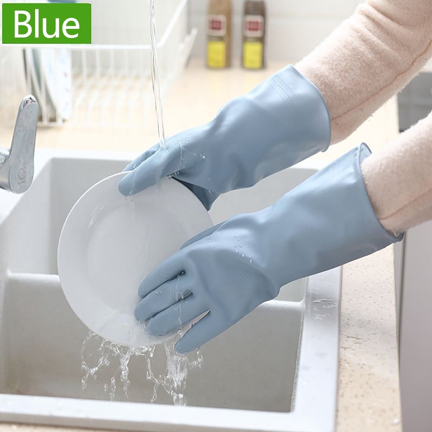 Reusable Household Dishwashing Cleaning Gloves, Food-Grade Natural Rubber with Non-Slip Textured Grip, Long Length for Hand and Arm Protection, Ideal for Kitchen, Gardening, and Janitorial Tasks Light Blue S