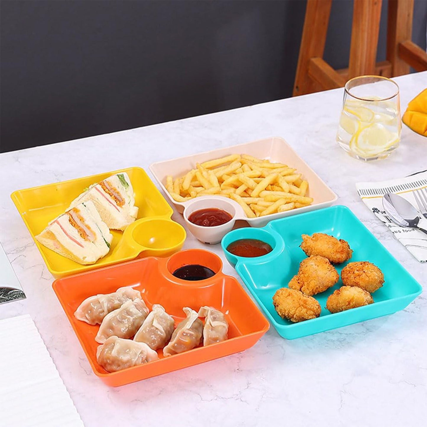 Chip Dip Serving Platter, Plastic Dumpling Plates with Sauce Compartment, Square Serving Dish Sushi Plates, Small Dip Tray for Appetizer, Taco Salsa, Fruit, Charcuterie, 1 Pcs, 7.28x7.2x1.6 7.28" x 7.2" x 1.6" Green