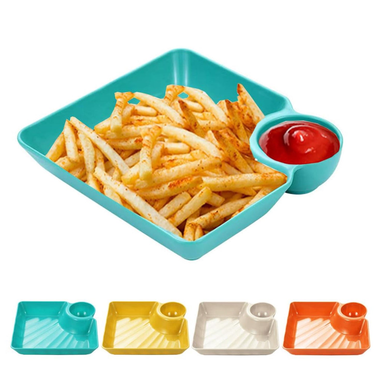 Chip Dip Serving Platter, Plastic Dumpling Plates with Sauce Compartment, Square Serving Dish Sushi Plates, Small Dip Tray for Appetizer, Taco Salsa, Fruit, Charcuterie, 1 Pcs, 7.28x7.2x1.6 7.28" x 7.2" x 1.6" Orange