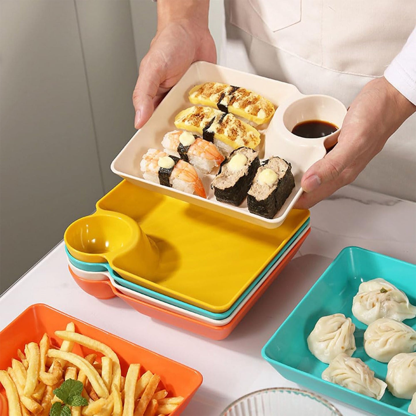 Chip Dip Serving Platter, Plastic Dumpling Plates with Sauce Compartment, Square Serving Dish Sushi Plates, Small Dip Tray for Appetizer, Taco Salsa, Fruit, Charcuterie, 1 Pcs, 7.28x7.2x1.6 7.28" x 7.2" x 1.6" Orange