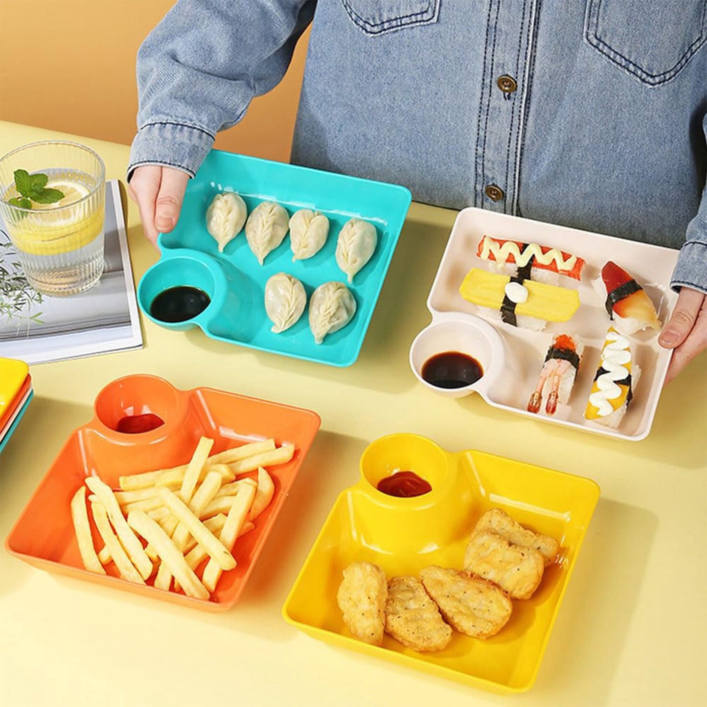 Chip Dip Serving Platter, Plastic Dumpling Plates with Sauce Compartment, Square Serving Dish Sushi Plates, Small Dip Tray for Appetizer, Taco Salsa, Fruit, Charcuterie, 1 Pcs, 7.28x7.2x1.6 7.28" x 7.2" x 1.6" Orange