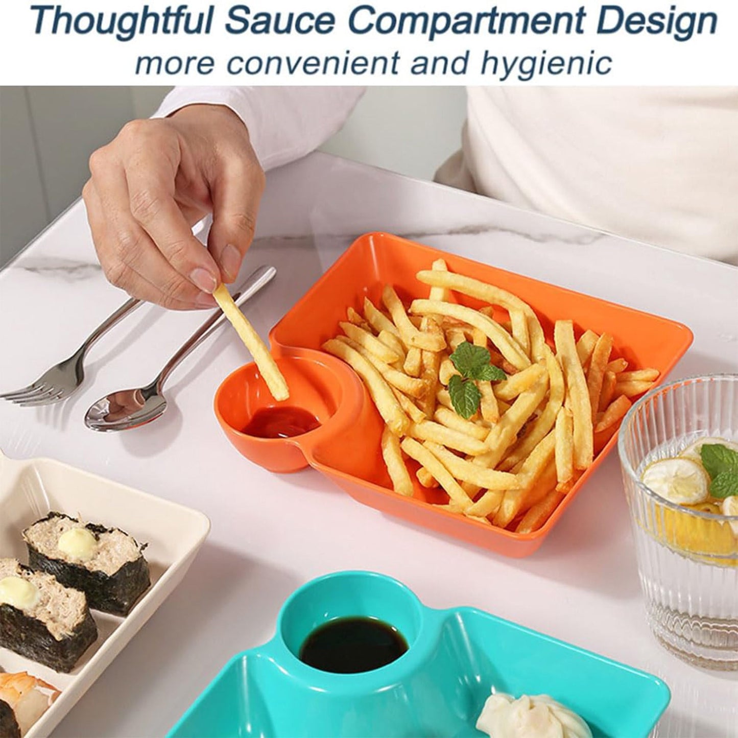 Chip Dip Serving Platter, Plastic Dumpling Plates with Sauce Compartment, Square Serving Dish Sushi Plates, Small Dip Tray for Appetizer, Taco Salsa, Fruit, Charcuterie, 1 Pcs, 7.28x7.2x1.6 7.28" x 7.2" x 1.6" Orange