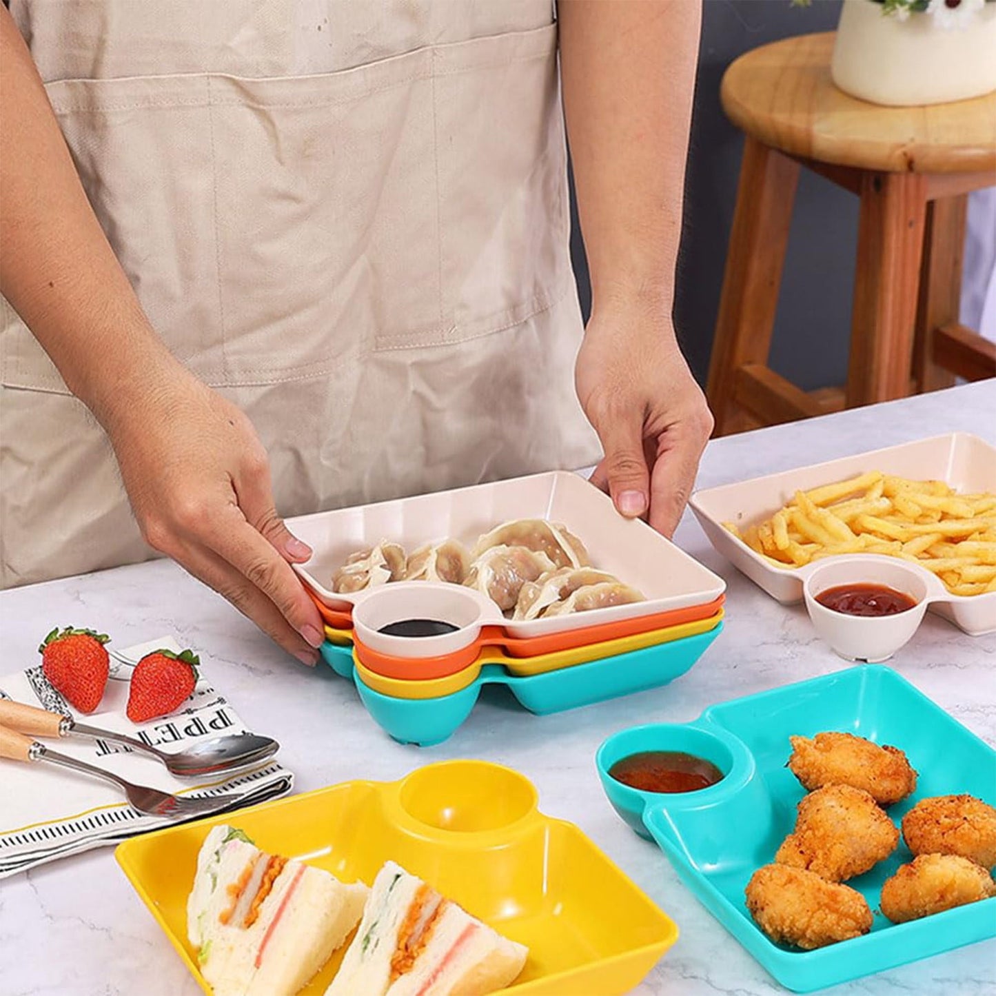Chip Dip Serving Platter, Plastic Dumpling Plates with Sauce Compartment, Square Serving Dish Sushi Plates, Small Dip Tray for Appetizer, Taco Salsa, Fruit, Charcuterie, 1 Pcs, 7.28x7.2x1.6 7.28" x 7.2" x 1.6" Orange