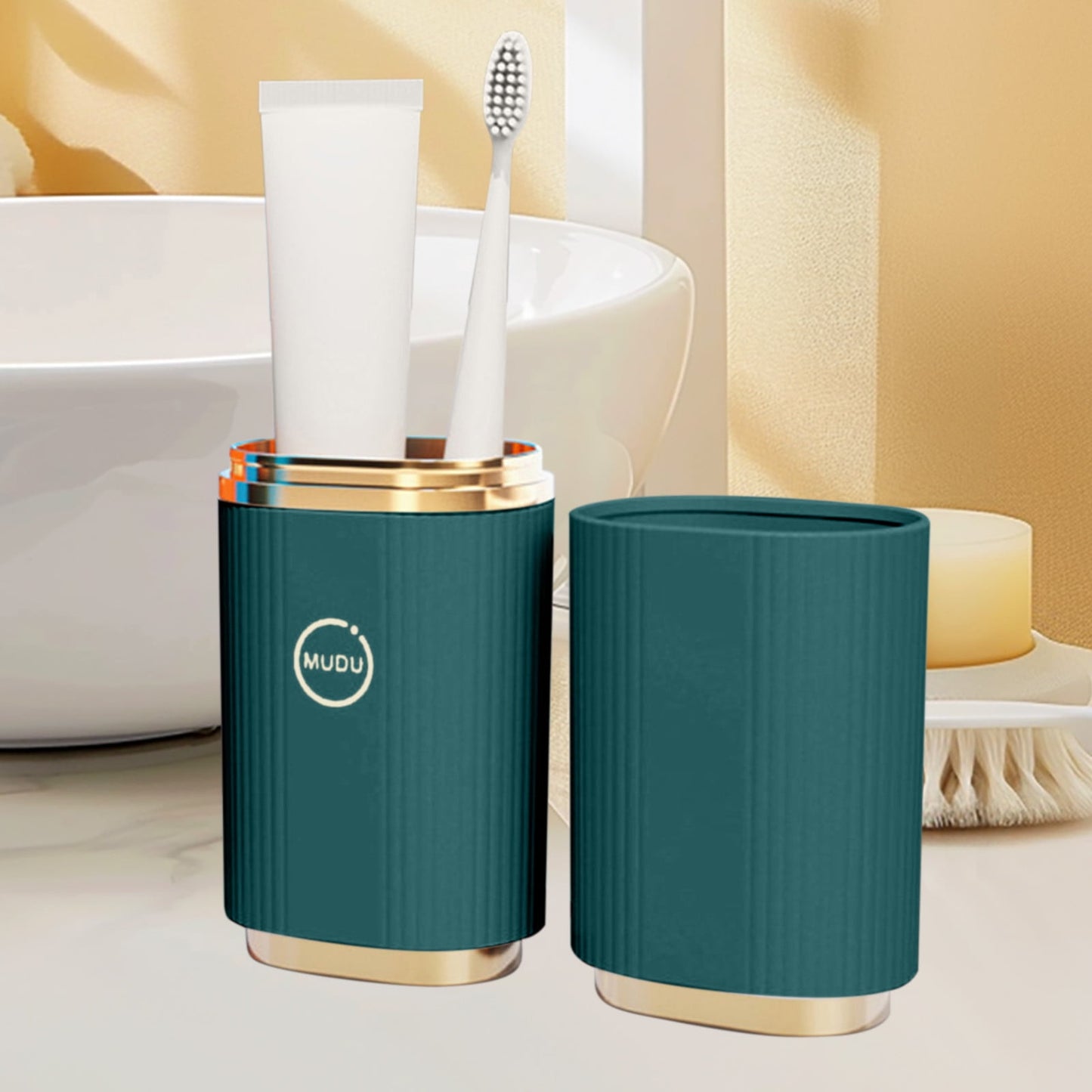 Travel Toothbrush and Mouthwash Cup Set, Portable Plastic Brushing Kit with Integrated Base, Non-Slip Handle, Space-Saving Design for Home, Camping, or Hotel, Couple-Friendly Green
