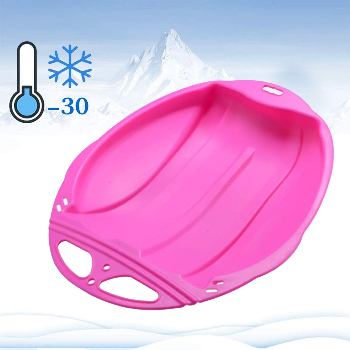 Round Snow Sled Disc for Kids and Adults, Thick Portable Skiing Pad with Anti-Skid Sunk Seat, Versatile Slider for Snow, Grass, and Sand, Comfortable Oversized Handle Design up to 220lbs Pink