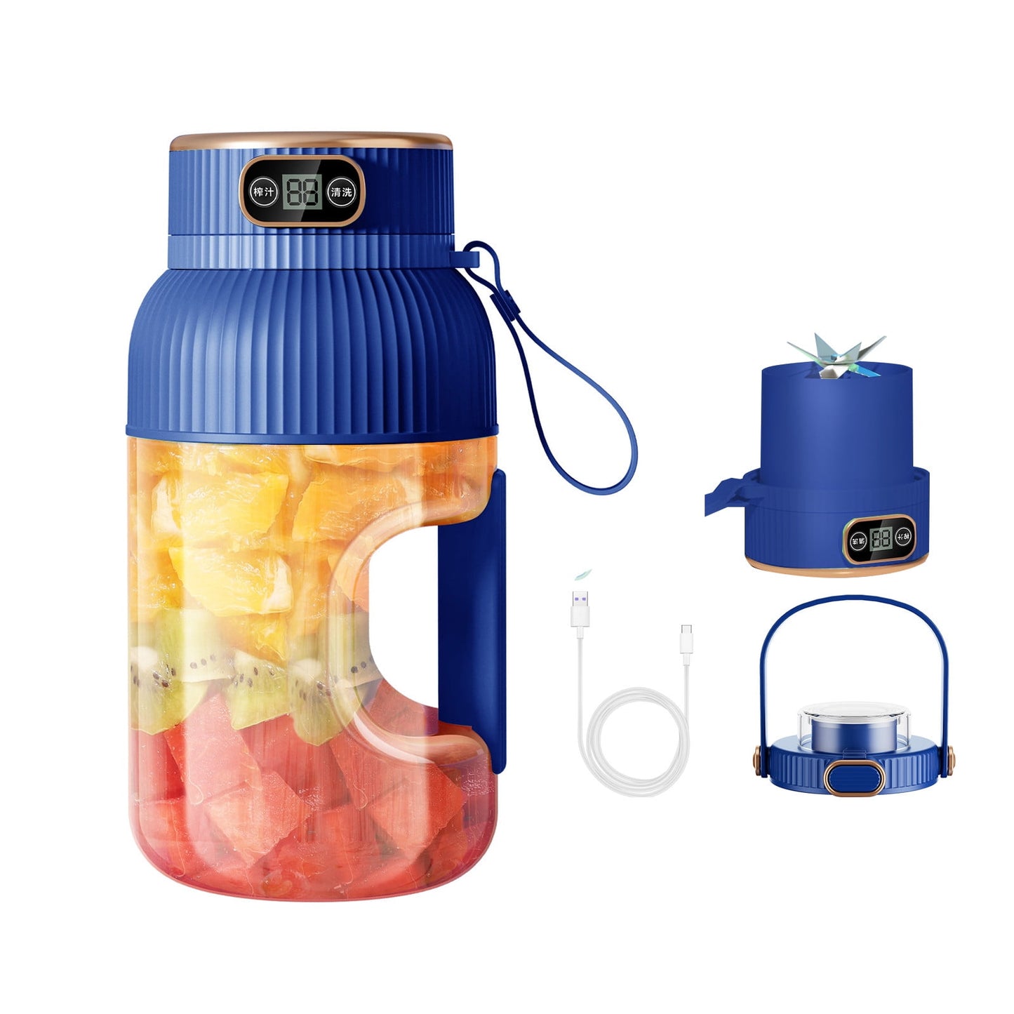 Portable 1200ml Electric Mixing Cup, Stainless Steel & Glass Body, Squeeze Bottle for Protein Shakes, Juices, Gym Drinks, Rechargeable, Airtight Lids, BPA-Free, Multi-Functional Blender Blue