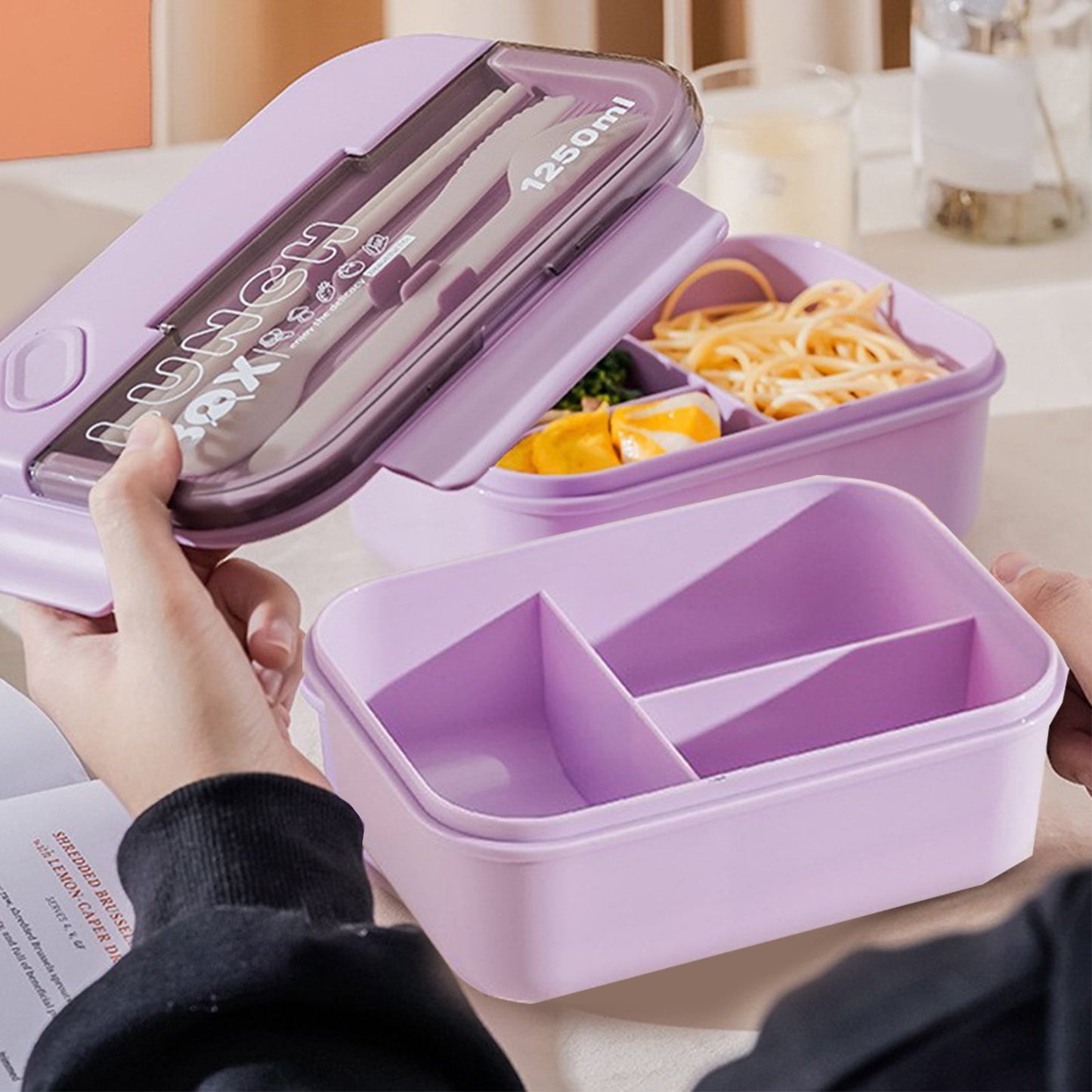 Lunch Box Containers With Dividers, 3 Compartments In One Large Lunch Box, Leakproof Lunch Box, Plastic Microwave Lunch Box Sealed Adult, Suitable For Dining Out Work Purpel