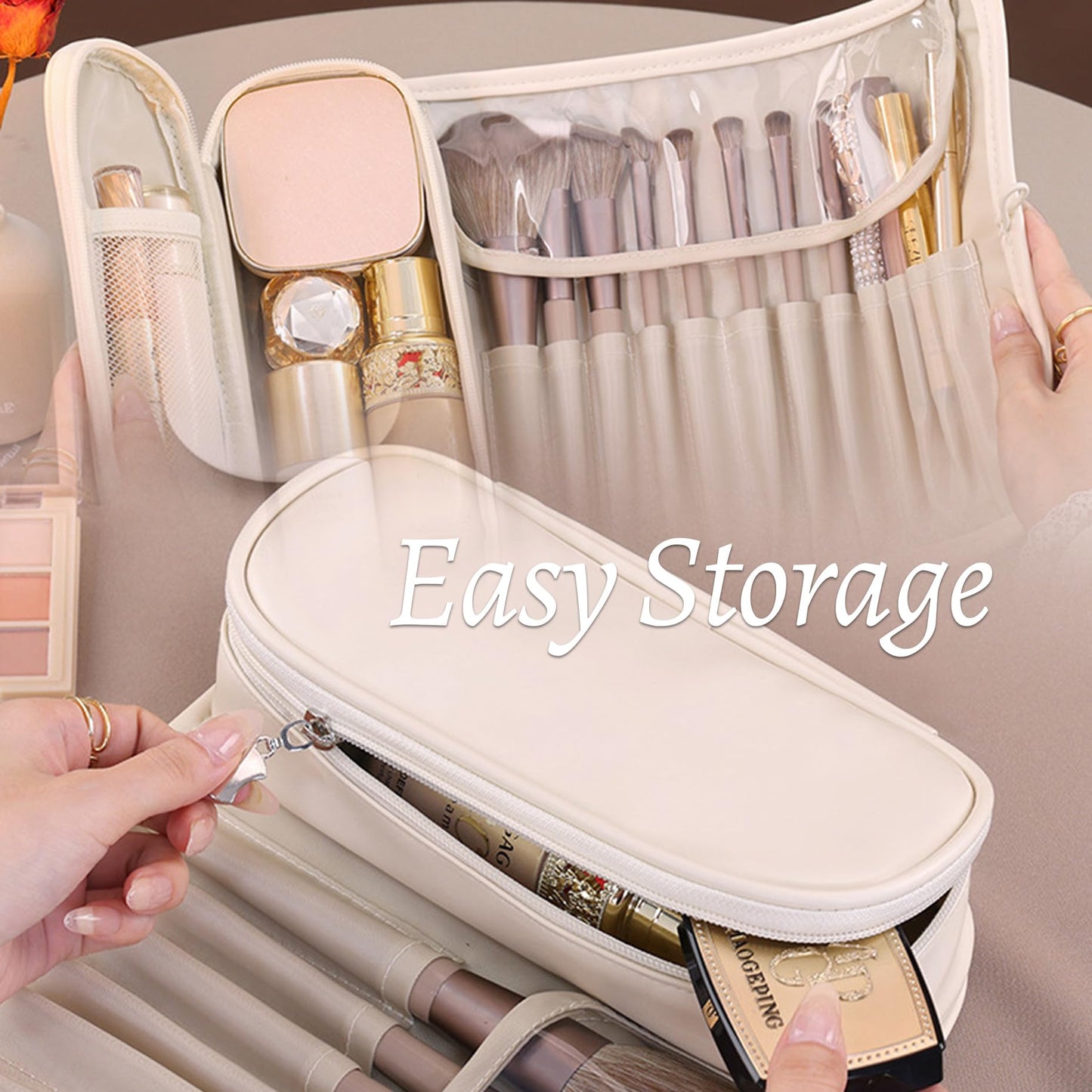 1pcs Toiletry Bag - Makeup Bag - Portable Foldable Makeup Bag, Multi-Compartment Cosmetic Box, Waterproof Travel & Daily Storage Bag Made of PU Leather