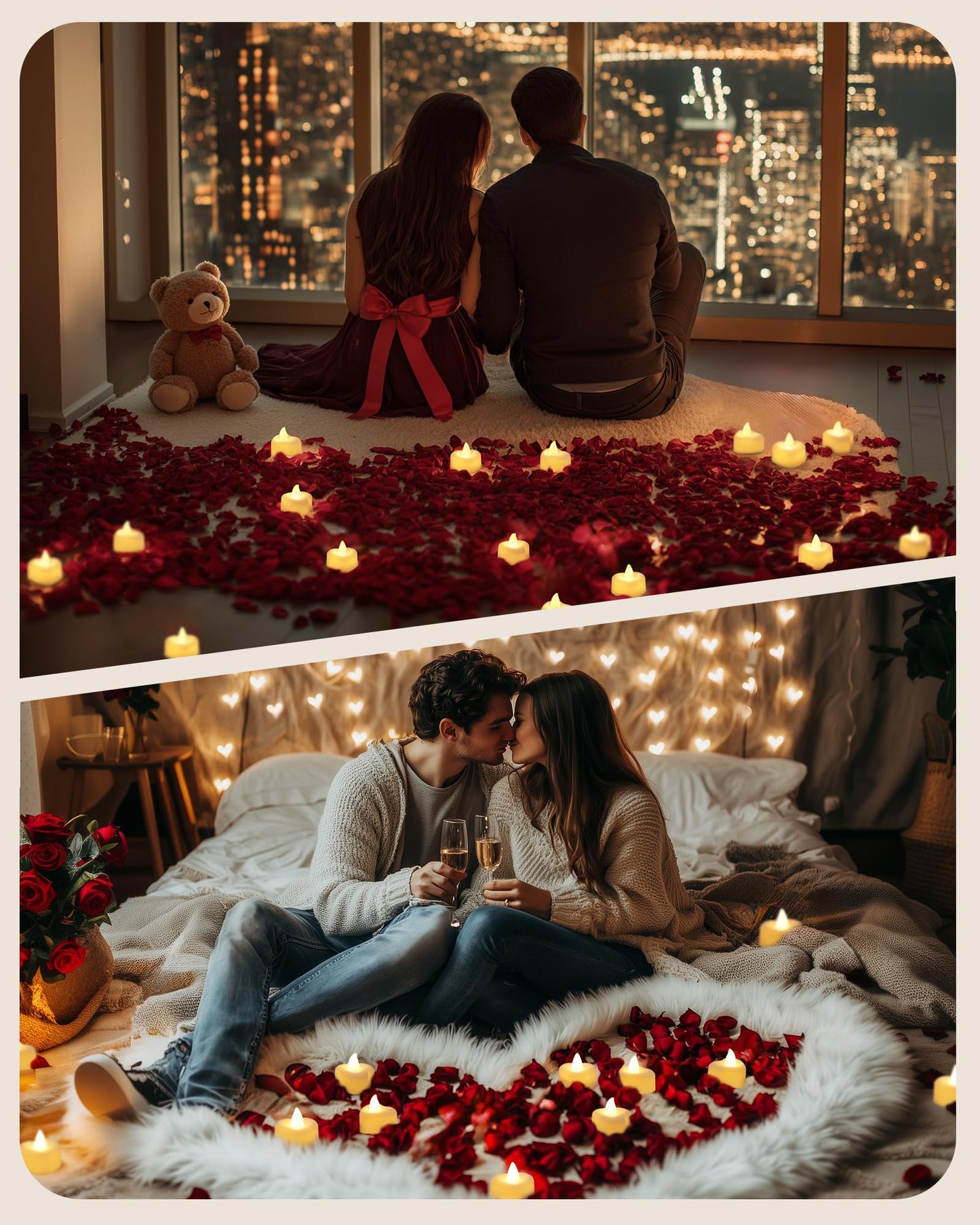 Battery Operated Candles - Set of Rose Petal Candles - 99 Artificial Rose Petals - 24 Heart-Shaped LED Tea Lights - Suitable for Proposals - Anniversaries - Romantic Evenings - Table Decorations - Weddings - Birthdays