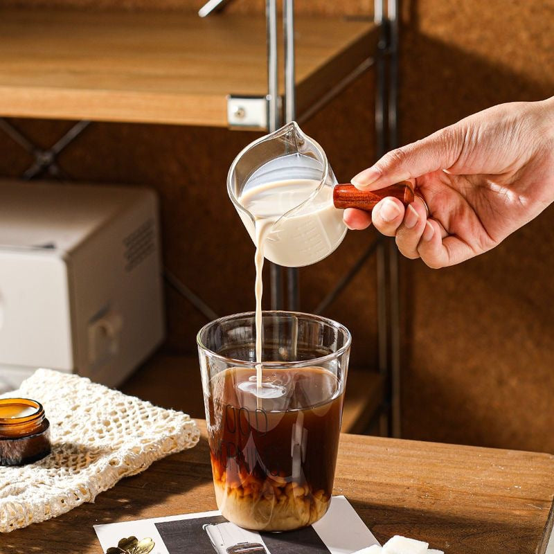 Espresso Measuring Cup - Shot Glass - Milk Jug - Coffee Accessories - Barista Tools - Measuring Cup Glass - Espresso Glasses - Sauce Jug - Measuring Glass - Mini Measuring Cup - Double Spout - Heat Resistant - Wooden Handle - Transparent - 2 Pieces