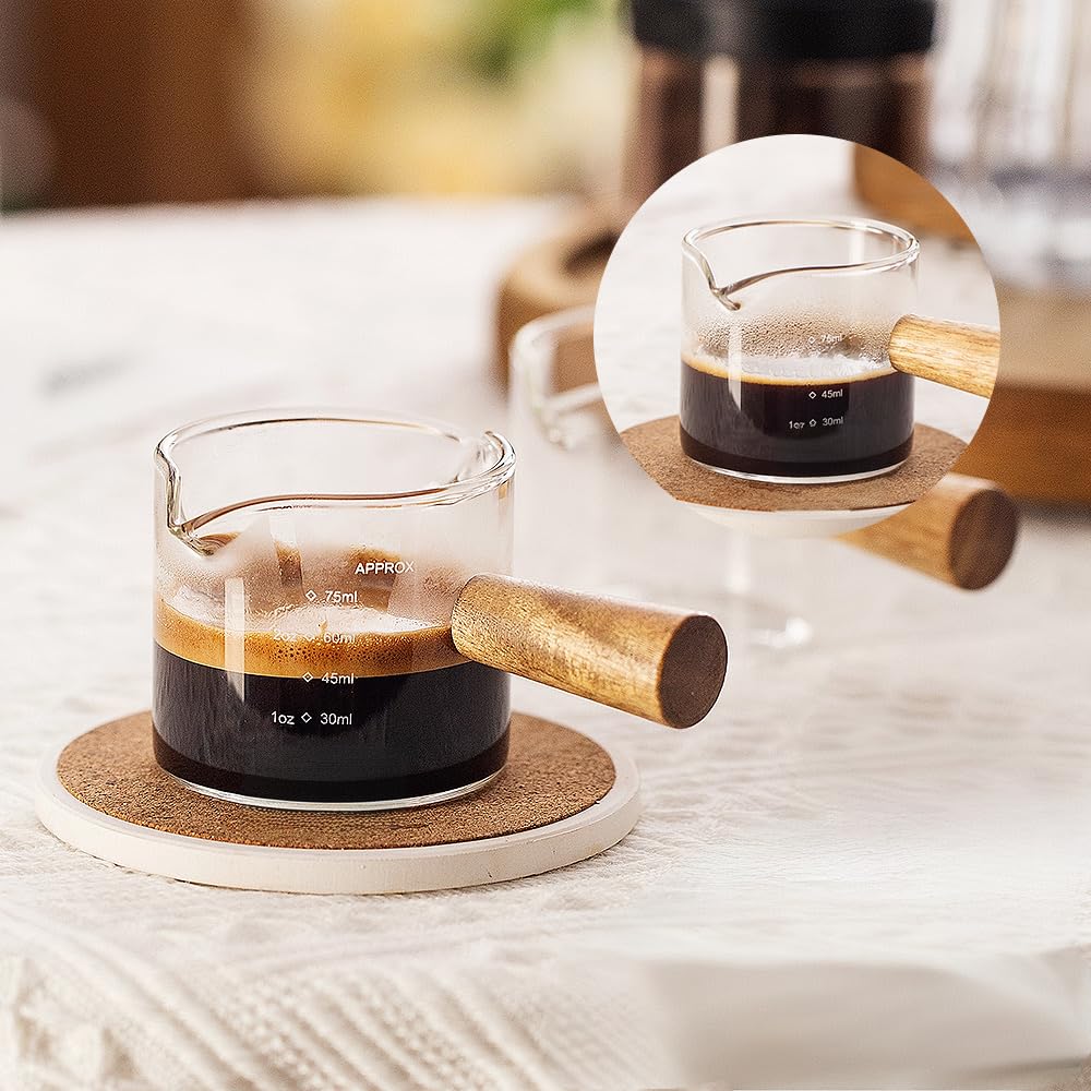Espresso Measuring Cup - Shot Glass - Milk Jug - Coffee Accessories - Barista Tools - Measuring Cup Glass - Espresso Glasses - Sauce Jug - Measuring Glass - Mini Measuring Cup - Double Spout - Heat Resistant - Wooden Handle - Transparent - 2 Pieces