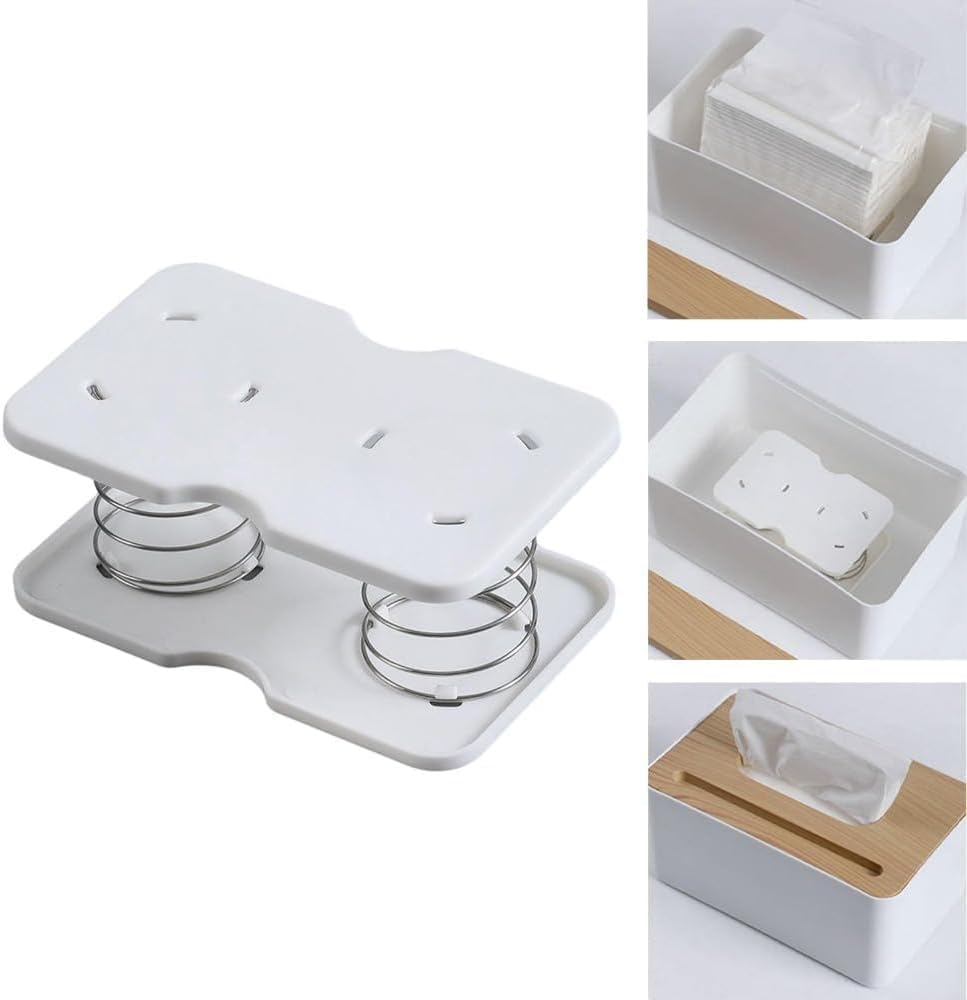 Tissue Box Spring - Tissue Holder - Tissue Box Lift - Tissue Box Base Support - Tissue Dispenser - Spring Holder - Napkin Holder - Tissue Storage Box - Bathroom Organizer - Toilet Accessories - Kitchen Gadget - White - 1 Piece