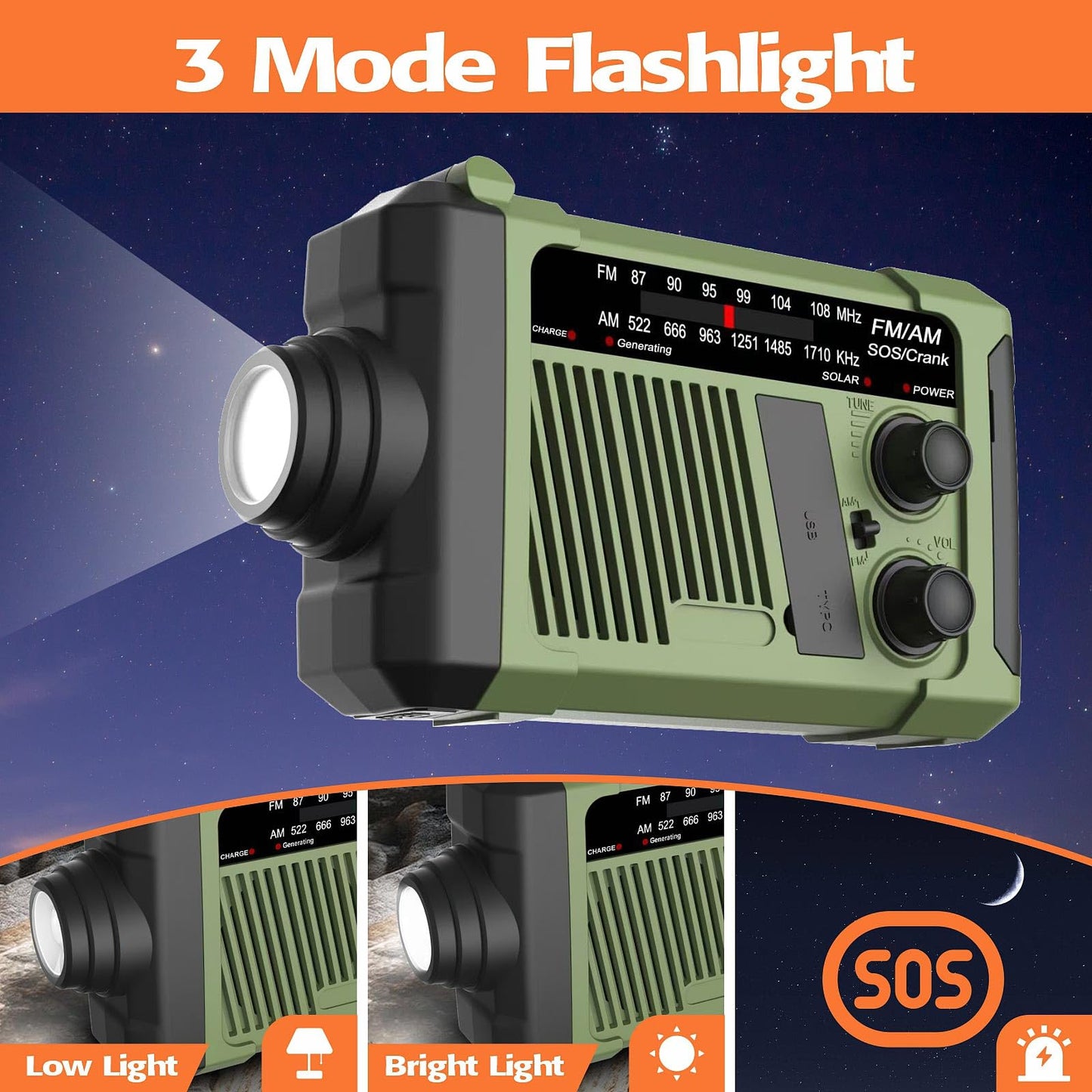 Wind-up Radio - Solar Radio - World Receiver - Portable Radio - Flashlight with Dynamo - Powerbank Function - Camping Radio - Outdoor Gadgets - Rechargeable Flashlight - USB Charger - FM AM Receiver - Hiking - Green - 1 Piece