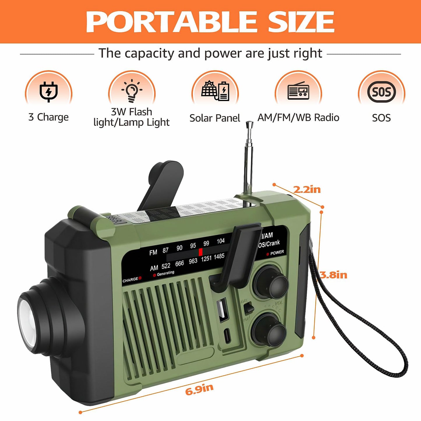 Wind-up Radio - Solar Radio - World Receiver - Portable Radio - Flashlight with Dynamo - Powerbank Function - Camping Radio - Outdoor Gadgets - Rechargeable Flashlight - USB Charger - FM AM Receiver - Hiking - Green - 1 Piece