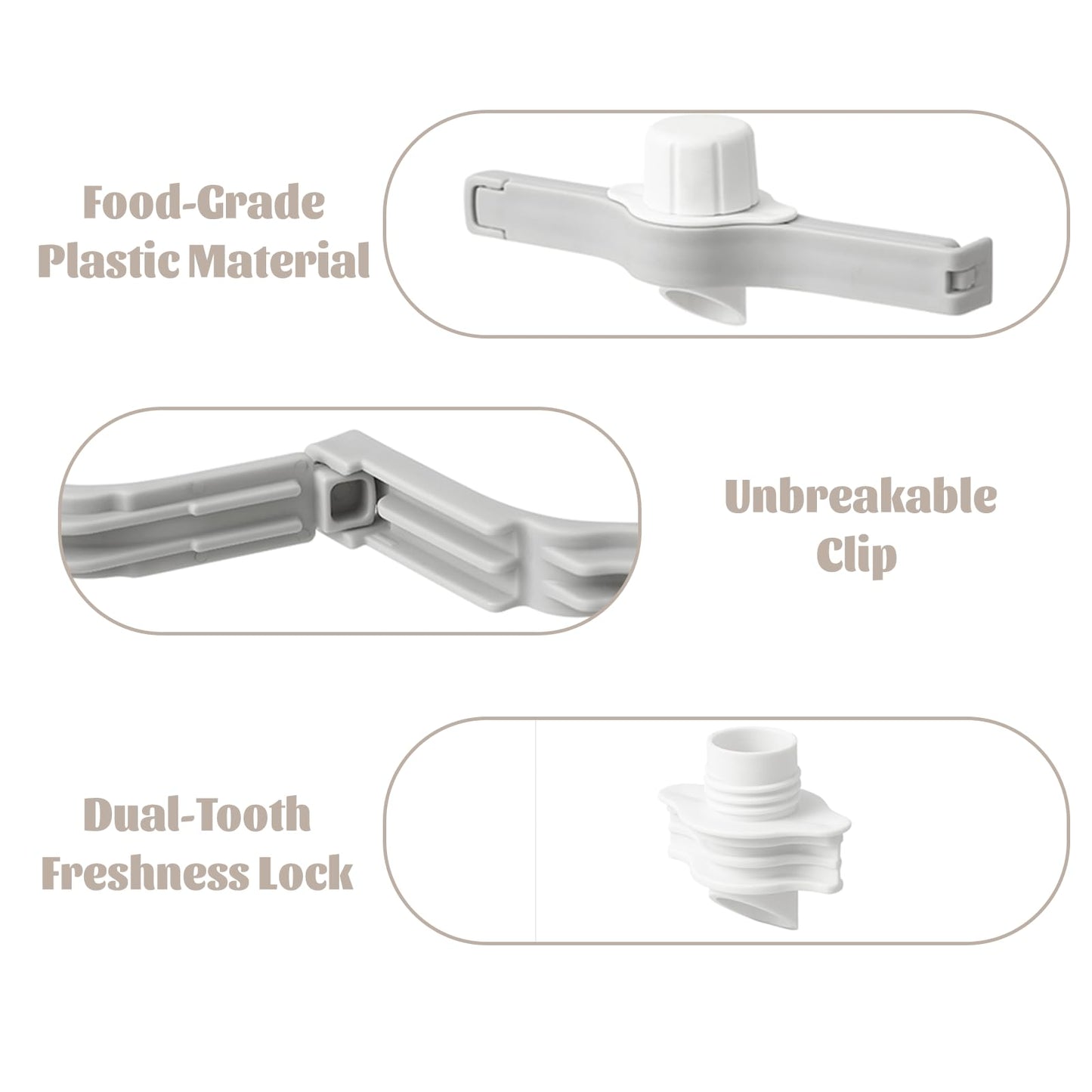 Spout Clips - Food Clips - Bag Closers - Kitchen Accessories - Bag Clips - Food Keepers - Clip with Cap - Airtight Storage - Coffee Clip - Pantry Organizer - Dosing Aid - Gray - Pack of 4