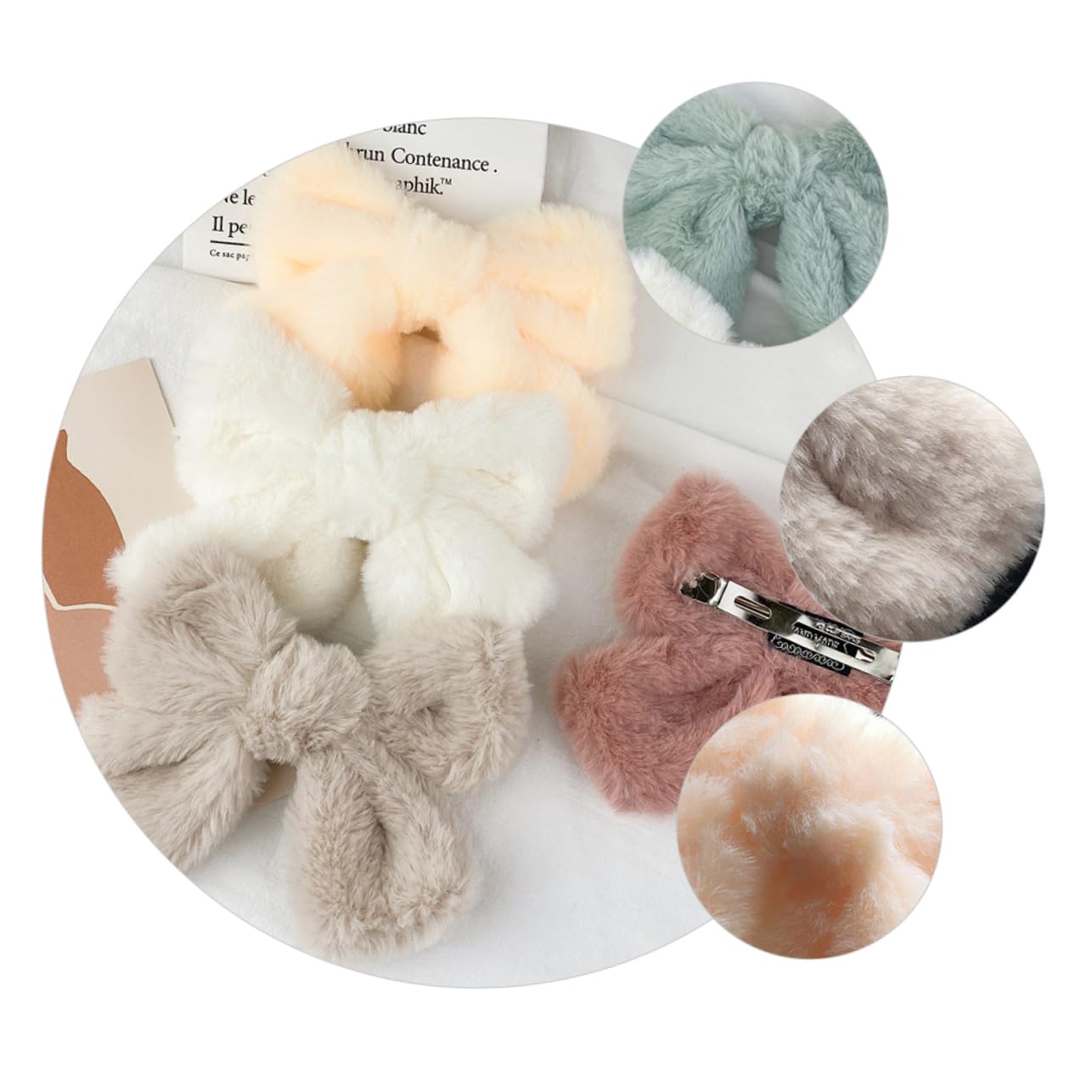 Hair Clip - Hairpin - Hair Bow - Large Bow - Hair Accessories Girls - Hair Accessories Women - Plush - Fluffy - Winter Accessories - Gift For Women - Clip - Soft - Black Beige Gray White Pink And Green - 6 Pieces