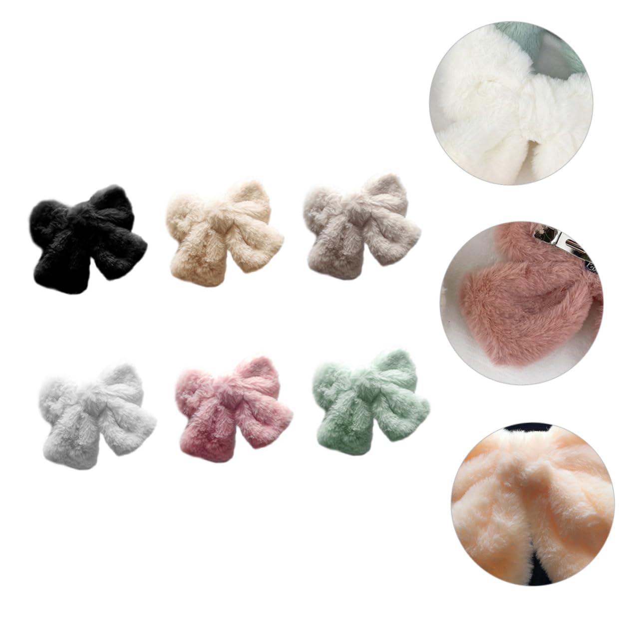 Hair Clip - Hairpin - Hair Bow - Large Bow - Hair Accessories Girls - Hair Accessories Women - Plush - Fluffy - Winter Accessories - Gift For Women - Clip - Soft - Black Beige Gray White Pink And Green - 6 Pieces