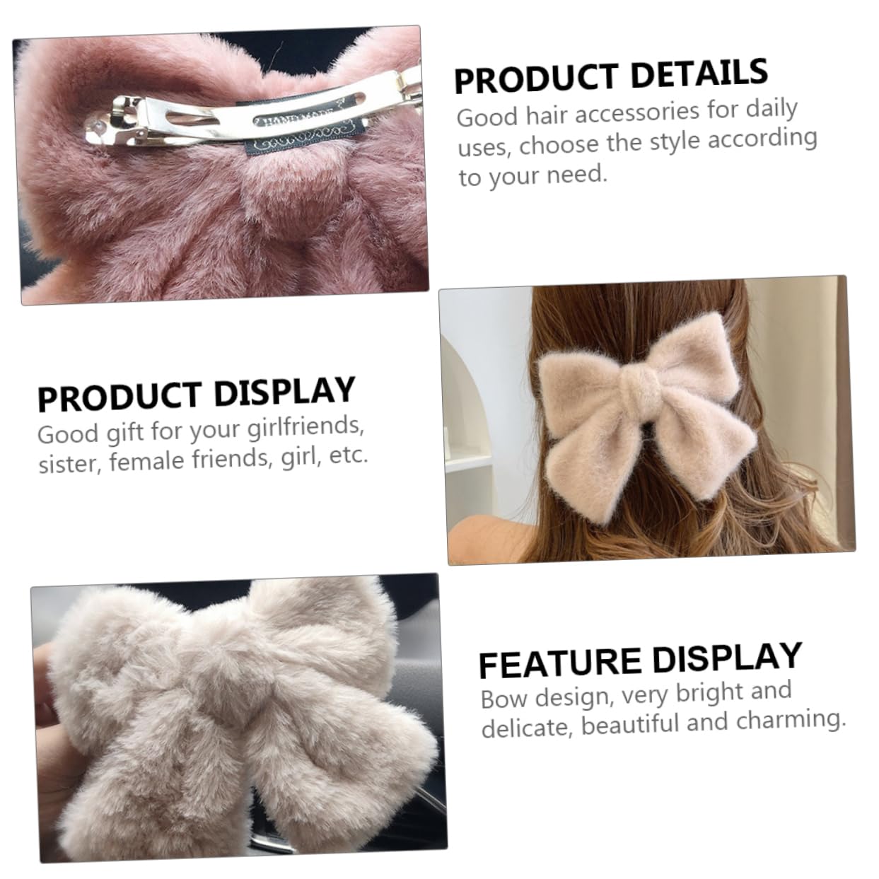 Hair Clip - Hairpin - Hair Bow - Large Bow - Hair Accessories Girls - Hair Accessories Women - Plush - Fluffy - Winter Accessories - Gift For Women - Clip - Soft - Black Beige Gray White Pink And Green - 6 Pieces