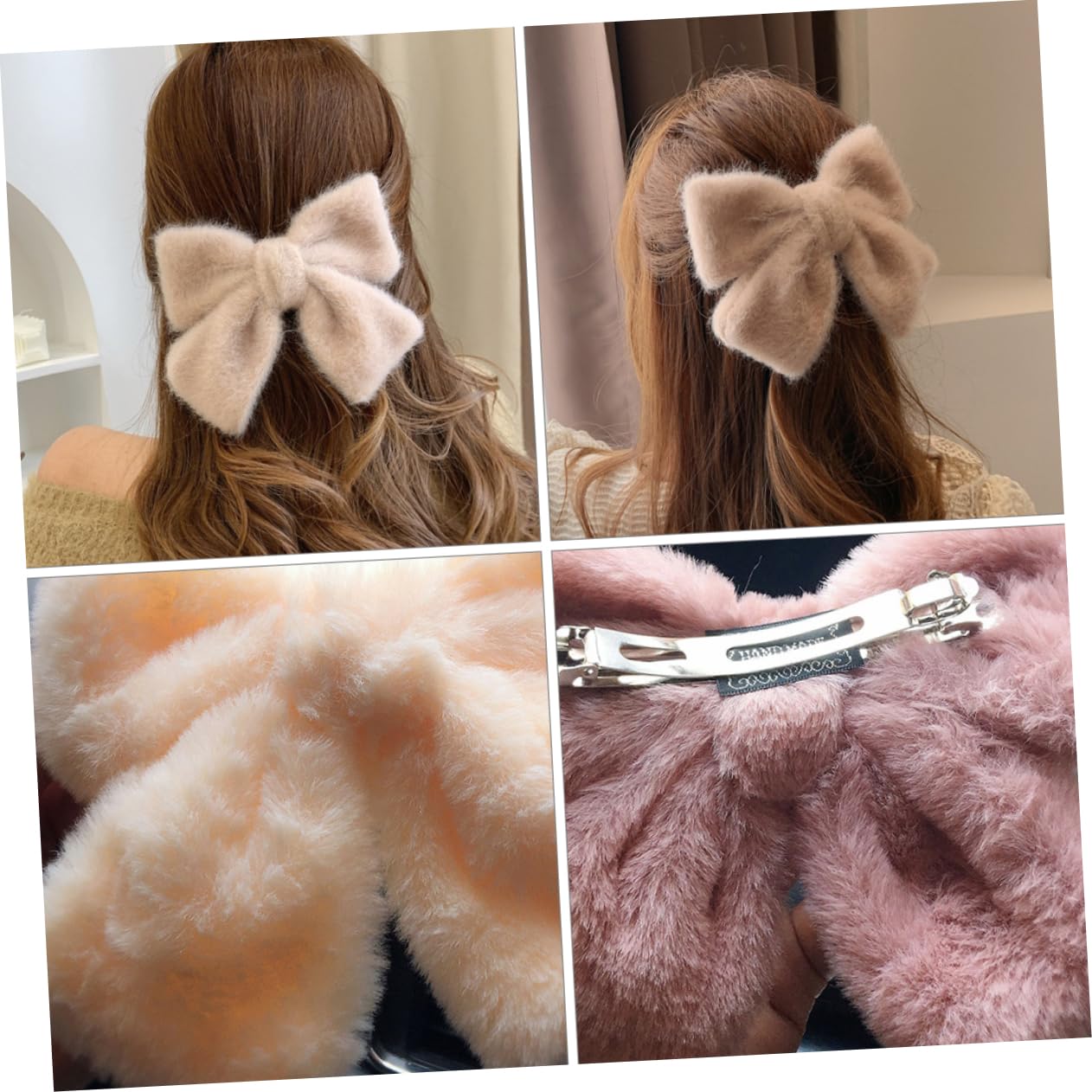 Hair Clip - Hairpin - Hair Bow - Large Bow - Hair Accessories Girls - Hair Accessories Women - Plush - Fluffy - Winter Accessories - Gift For Women - Clip - Soft - Black Beige Gray White Pink And Green - 6 Pieces