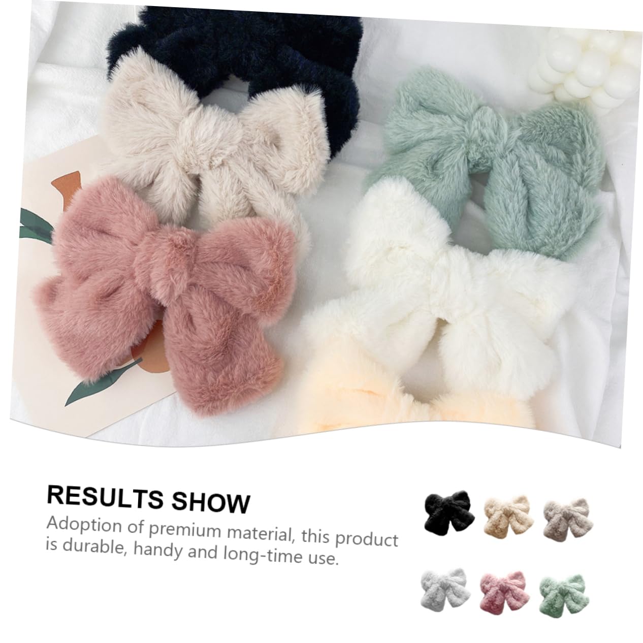 Hair Clip - Hairpin - Hair Bow - Large Bow - Hair Accessories Girls - Hair Accessories Women - Plush - Fluffy - Winter Accessories - Gift For Women - Clip - Soft - Black Beige Gray White Pink And Green - 6 Pieces
