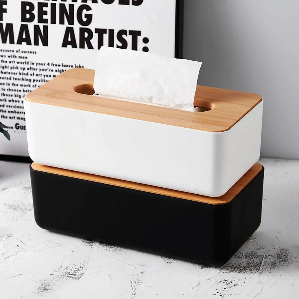 Tissue Box - Tissue Box - Tissue Holder - Tissue Box - Bamboo Lid - Black - Tissue Holder - Bathroom Accessories - Toilet Organizer - Living Room Decoration - Rectangular - 1 piece