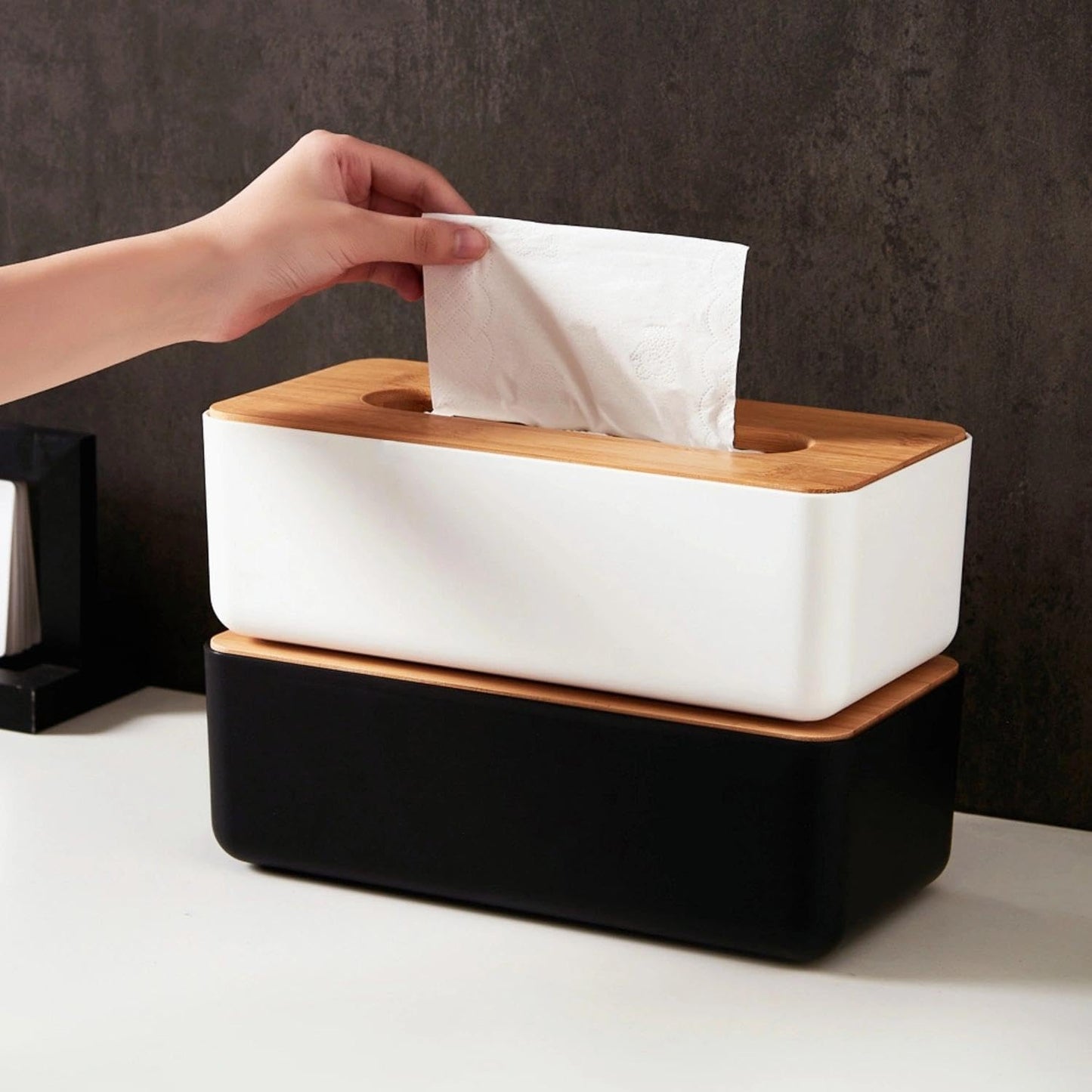 Tissue Box - Tissue Box - Tissue Holder - Tissue Box - Bamboo Lid - Black - Tissue Holder - Bathroom Accessories - Toilet Organizer - Living Room Decoration - Rectangular - 1 piece