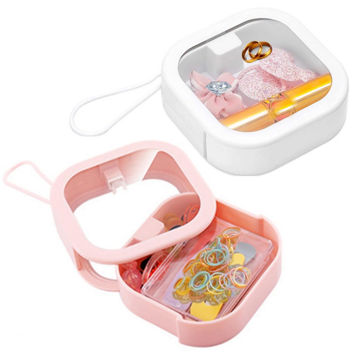 Jewelry box - Storage box - Cotton swab holder - Travel organizer - Makeup organizer - Hair accessories - Jewelry organizer - Bathroom accessories - Cable organizer - Storage tray - White - Pink - 2 pieces
