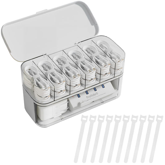 Cable organizer - Charger organizer - Cable box - Desk organizer - Storage box with compartments - Office supplies - Cable management - Electronic accessories - Including 10 pcs Cable ties - Sorting box - Storage tray - White - 1 piece