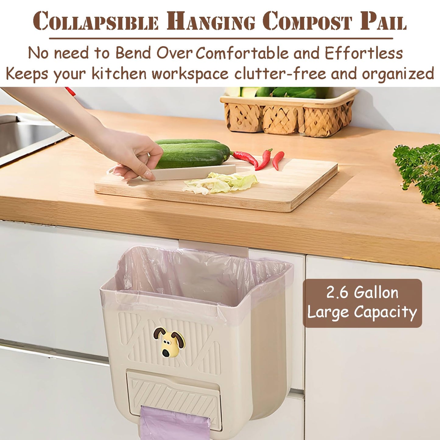 Hanging Waste Bin - Foldable Waste Bin - Kitchen Accessories - Organic Waste Bin - Countertop Waste Bin - Cabinet Door Waste Bin - Waste Separation - Camping - Caravan - Kitchen Aid - Space Saving - Trash Can - Waste Basket - Beige - 10L - 1 Piece