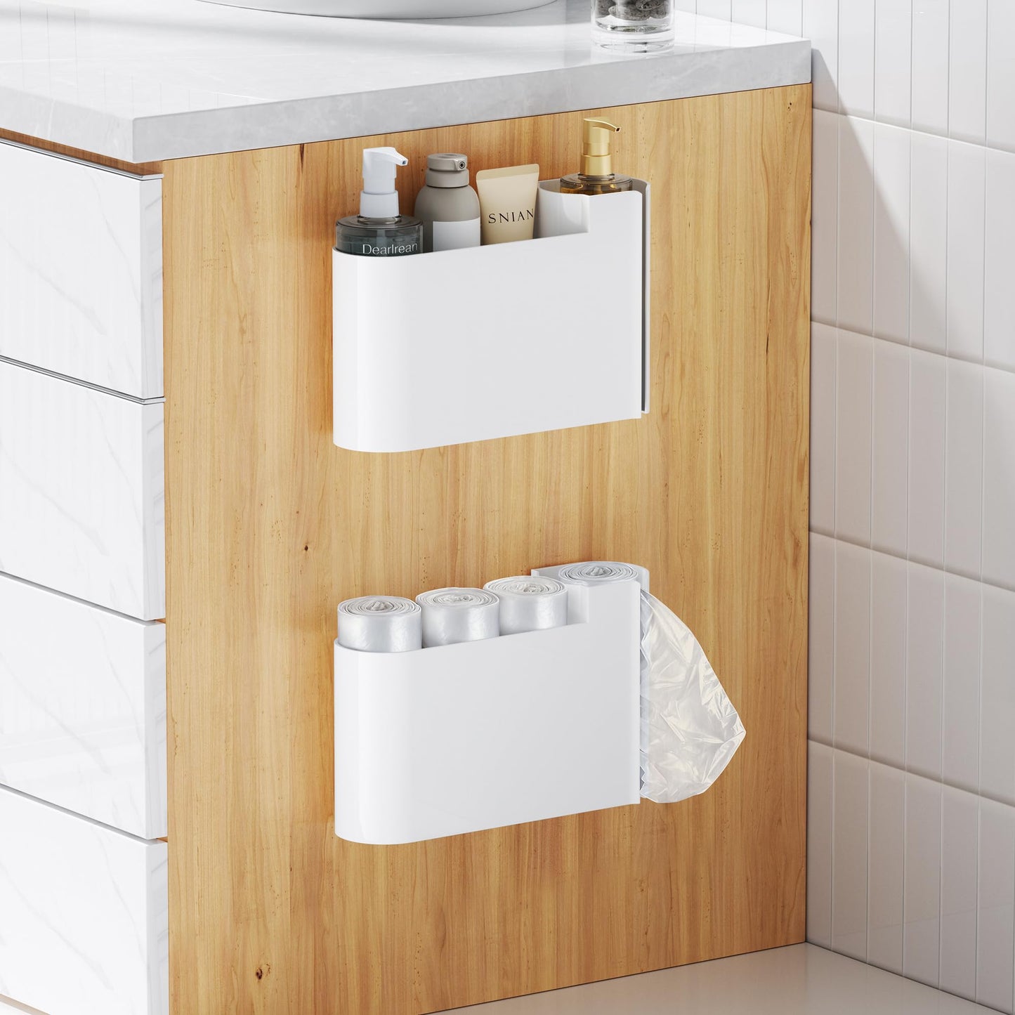 Kitchen Cabinet Organizer - Spice Rack - Door Rack - Kitchen Accessories - Storage Rack - Sink Cabinet Organizer - Garbage Bag Holder - No Drilling - Cabinet Interior - Kitchen Aid - Space Saving - Bathroom Organizer - Adhesive - White - Pack of 2